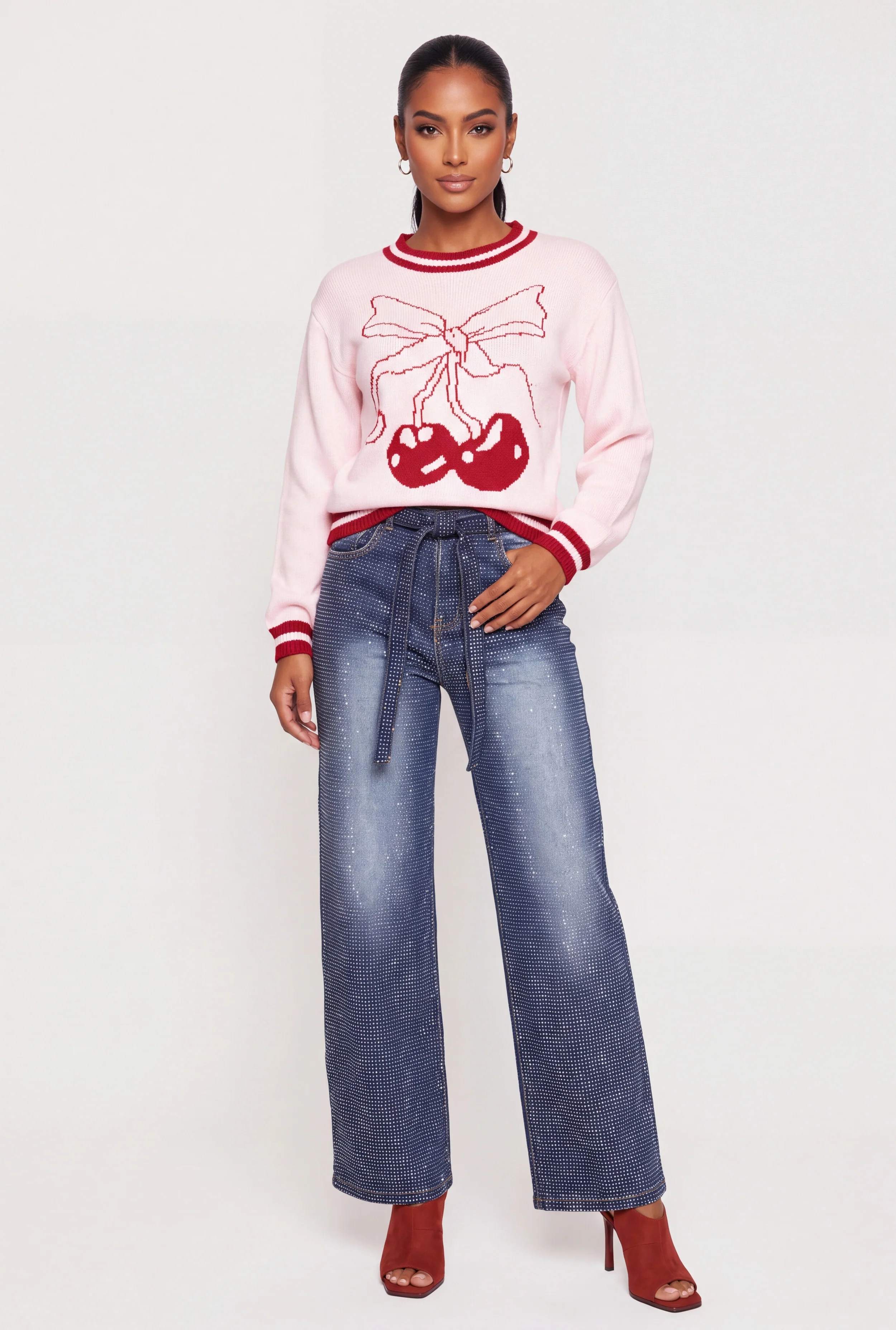 Cherry Bow Print Long Sleeve Sweater