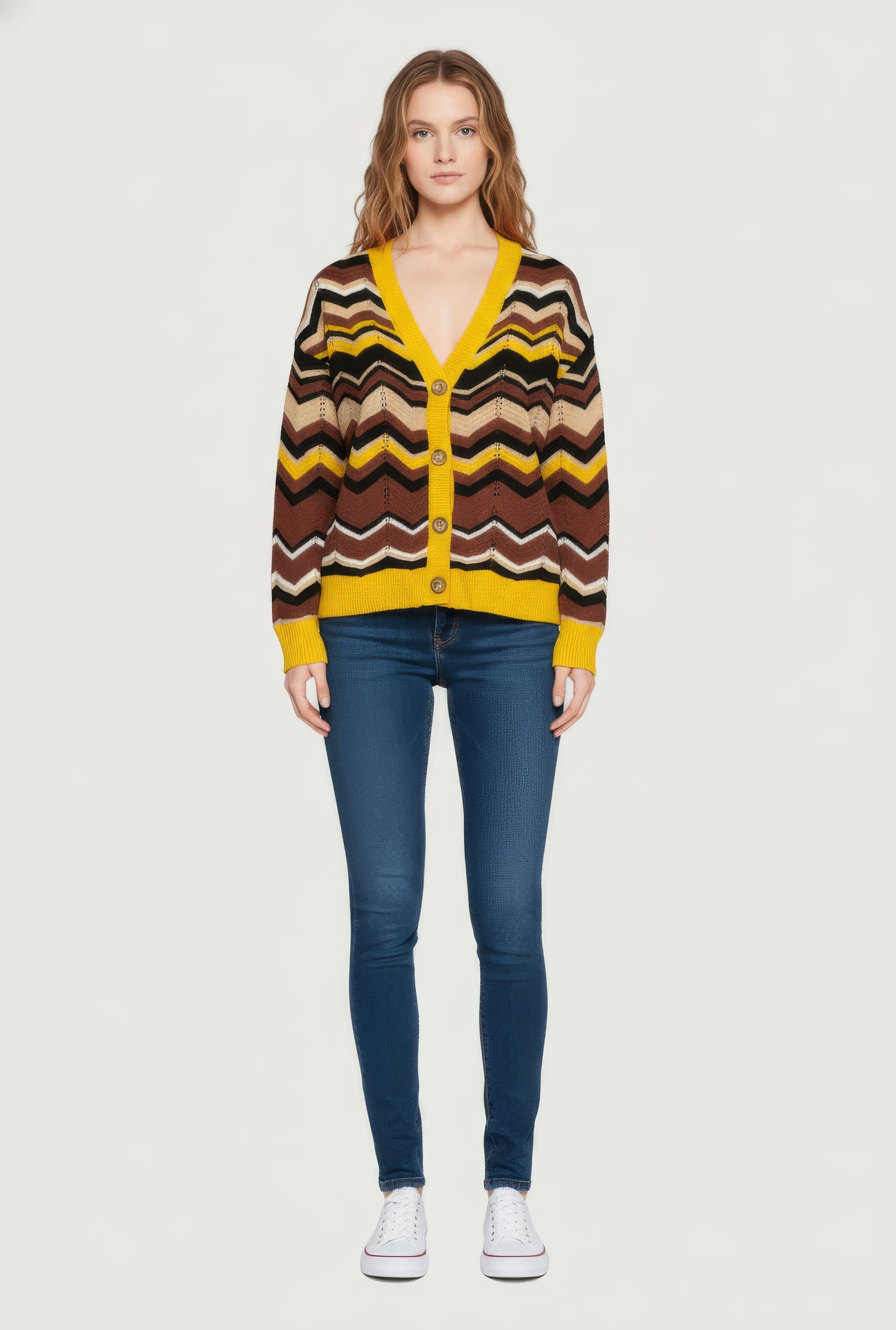 Pointelle Chevron Stripe Button Front Cardigan
