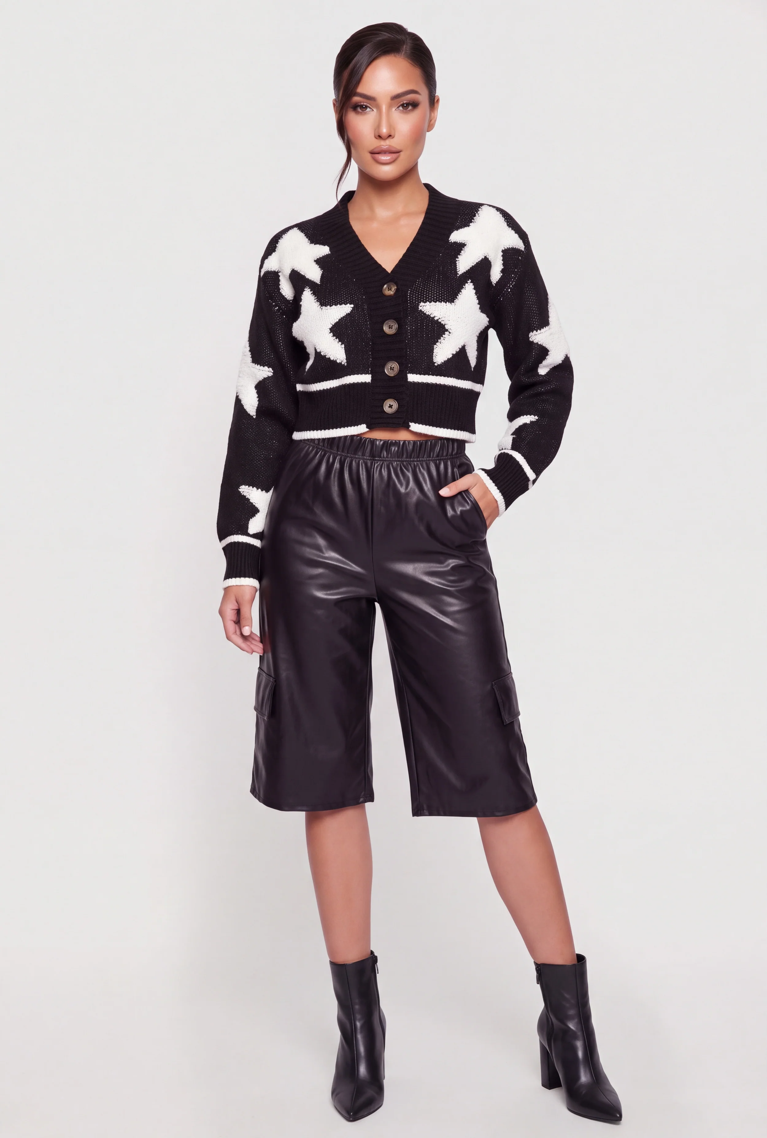 Star Graphic Button Front Cropped Cardigan