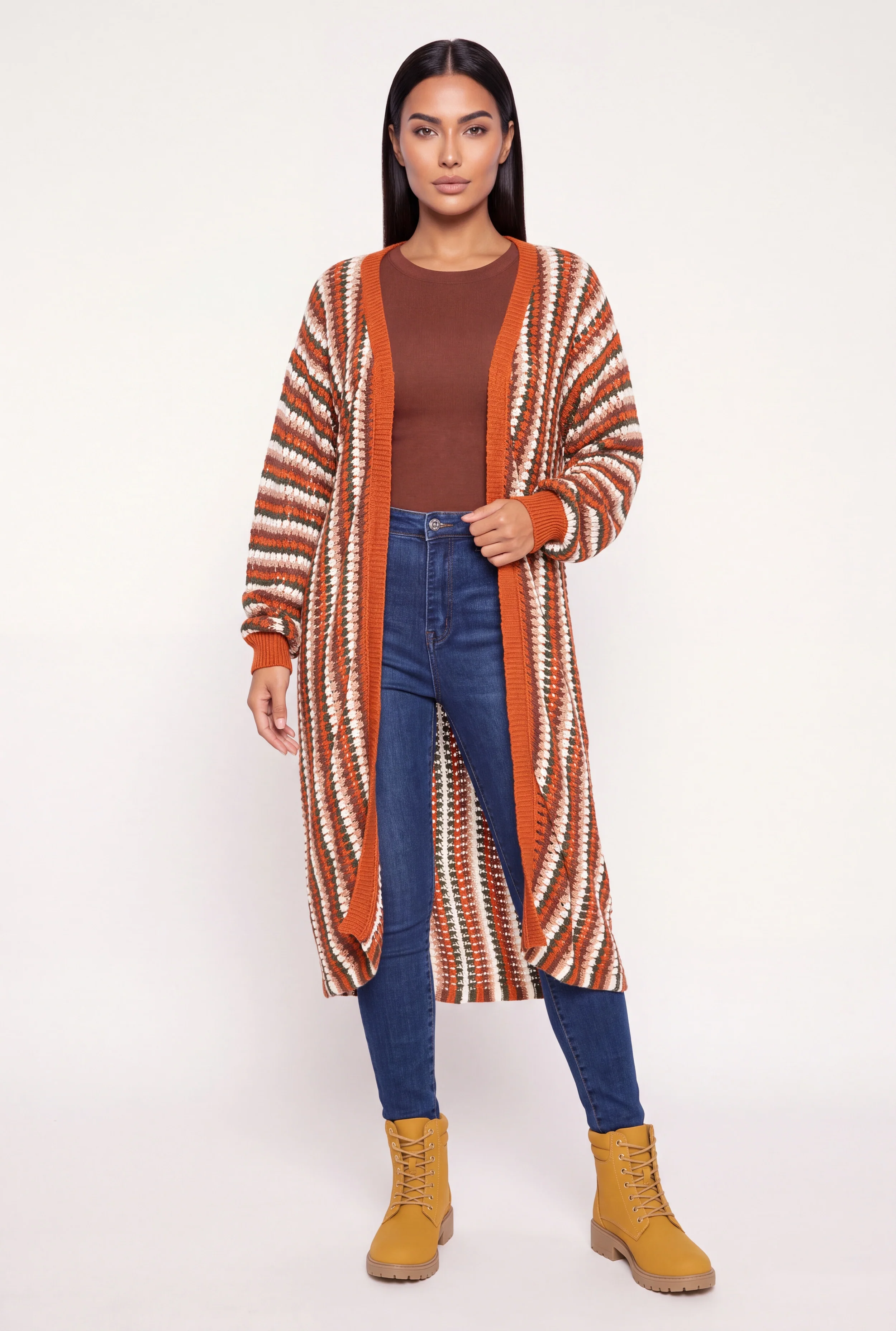 Contrast Trim Striped Crochet Open Front Duster