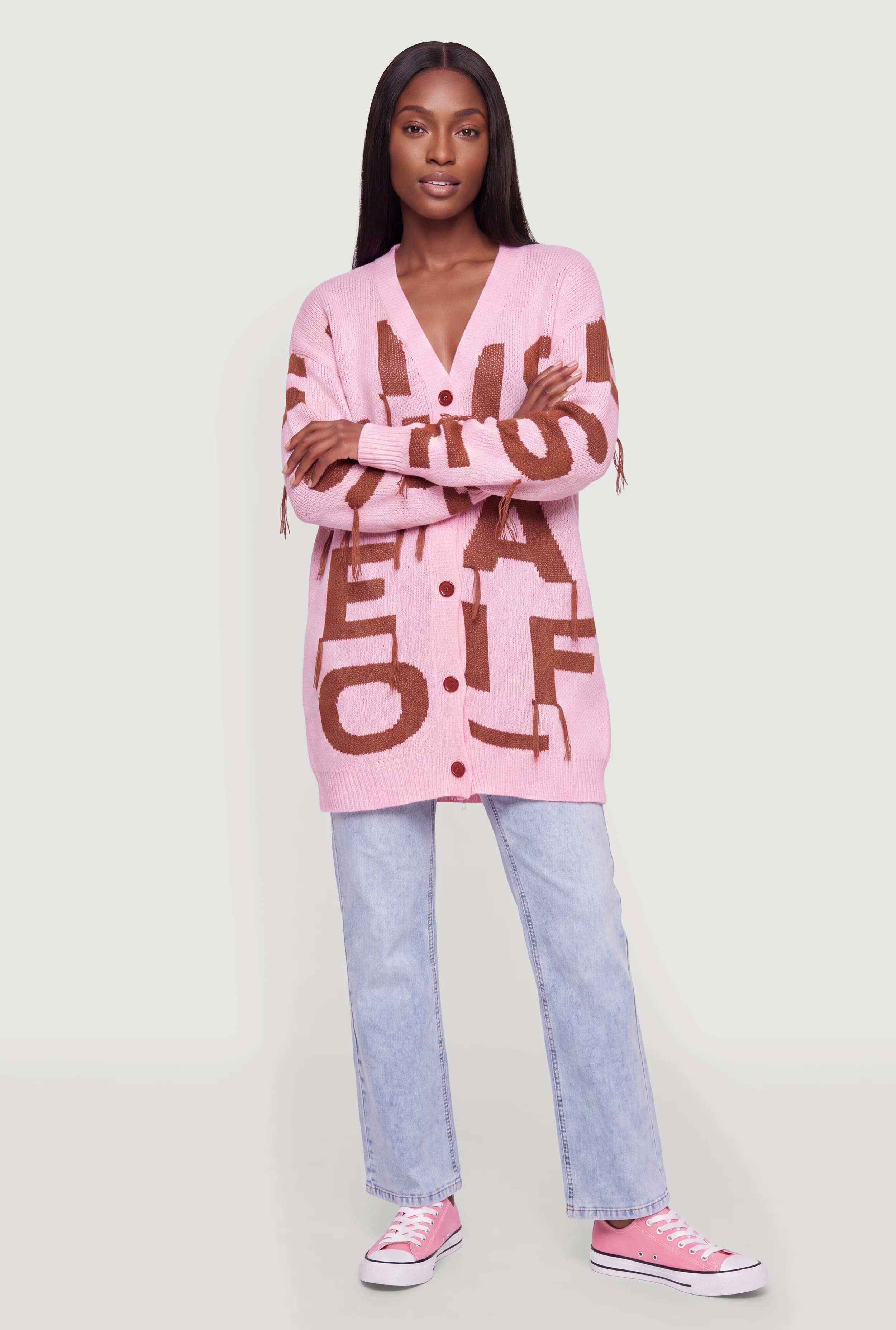 Alphabet Fringe Drop Shoulder Oversized Cardigan