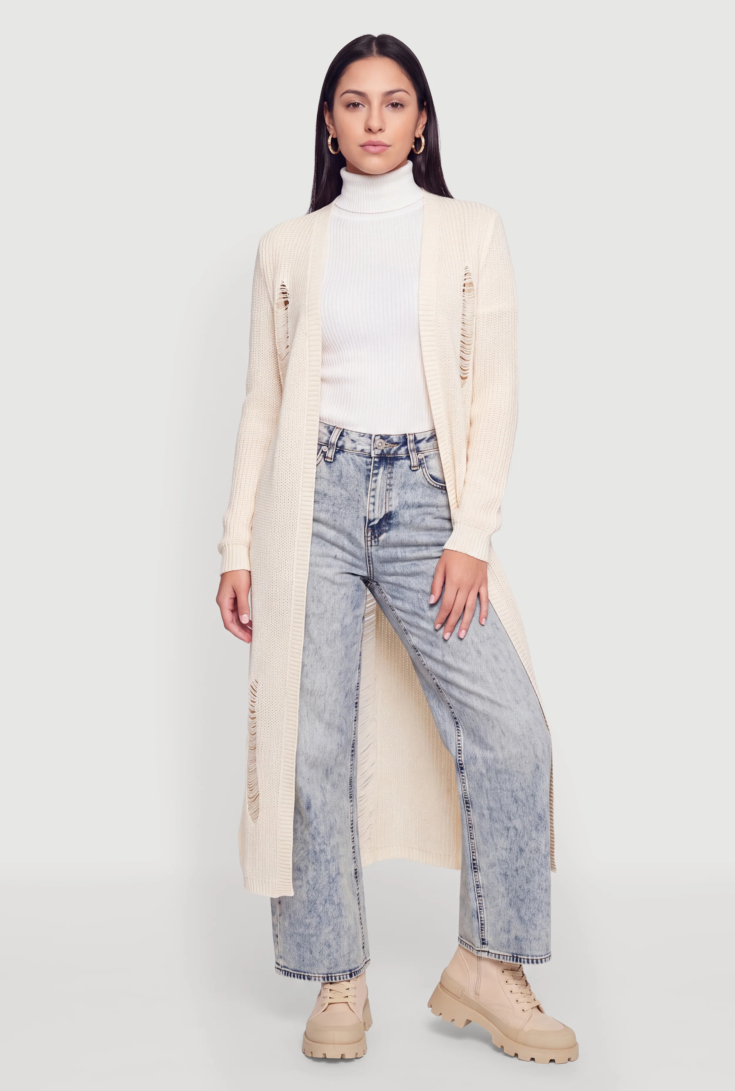 Distressed Open Front Long Cardigan