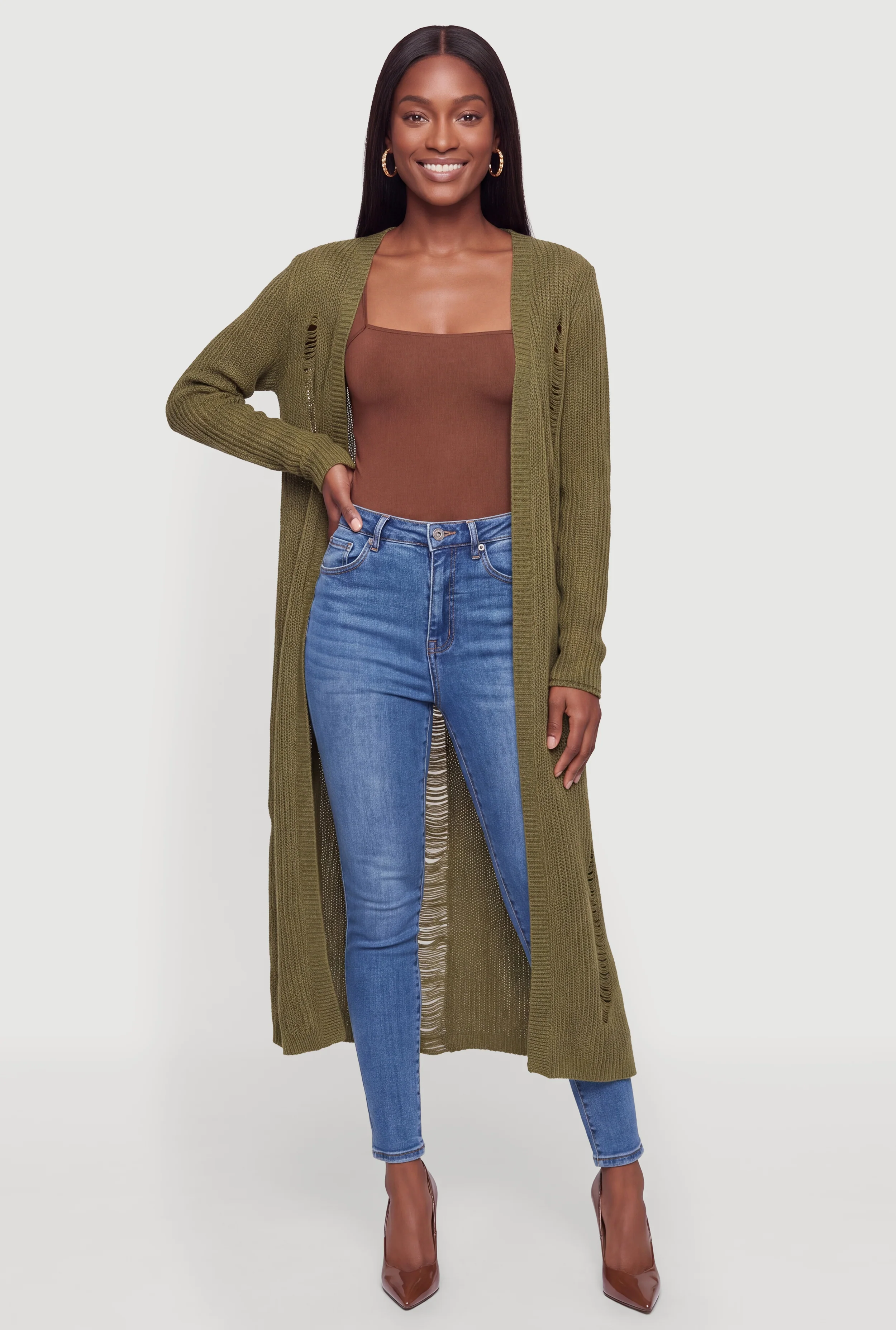 Distressed Open Front Long Cardigan