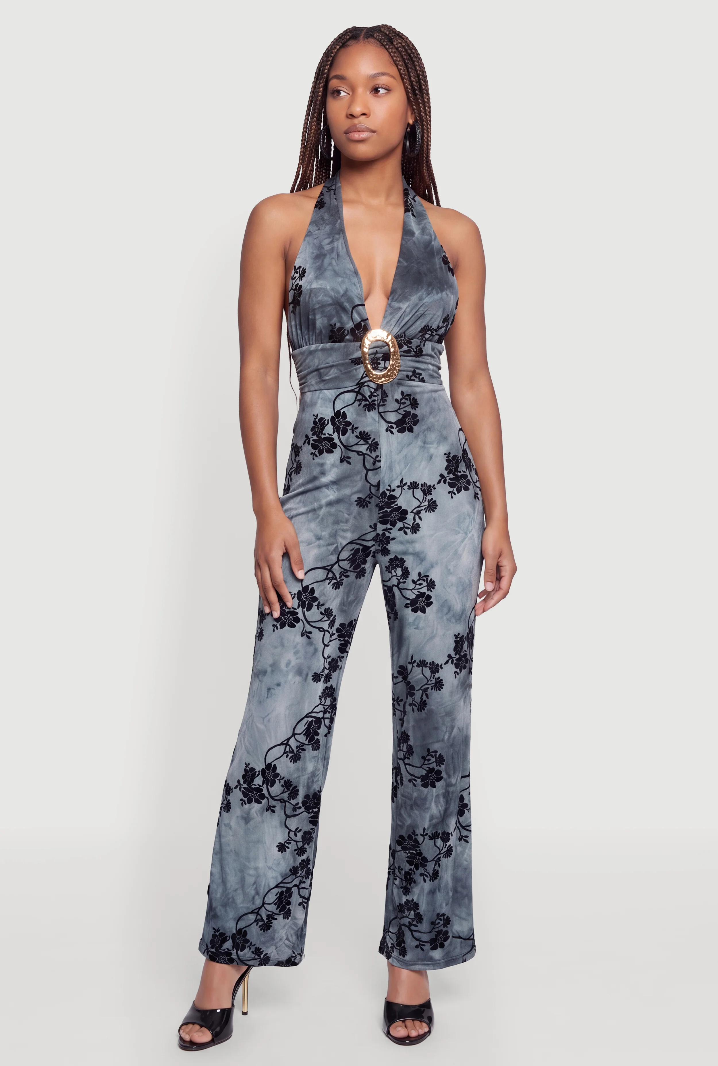 Floral Velvet Burnout Halter Jumpsuit