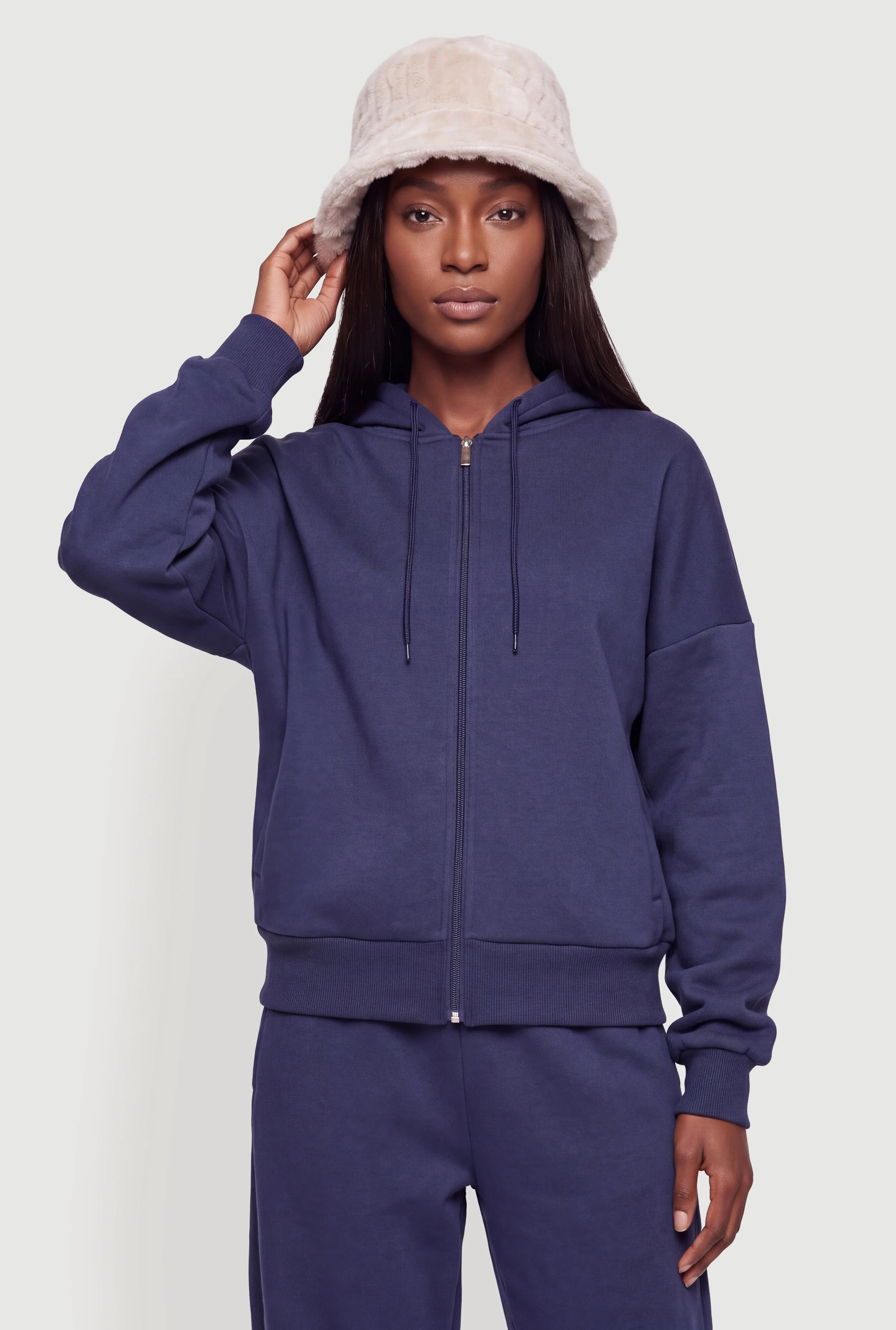 Zip Front Drop Shoulder Hooded Sweatshirt
