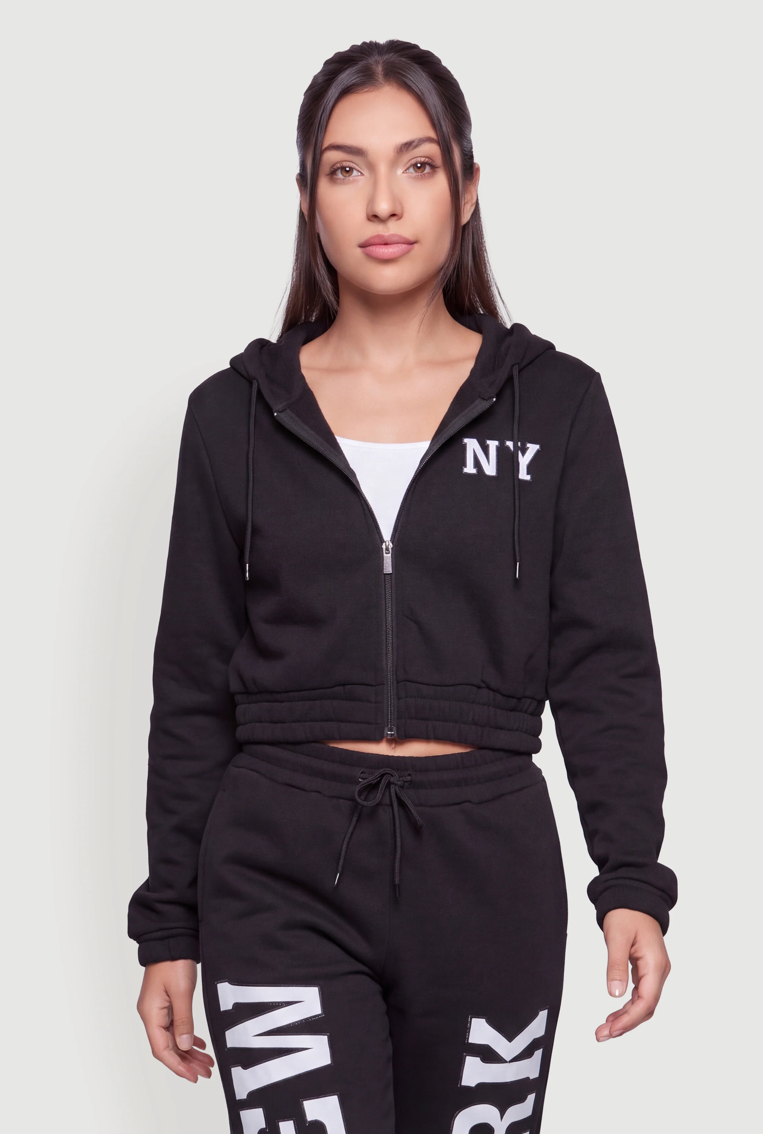 NY Graphic Zip Front Crop Hooded Sweatshirt