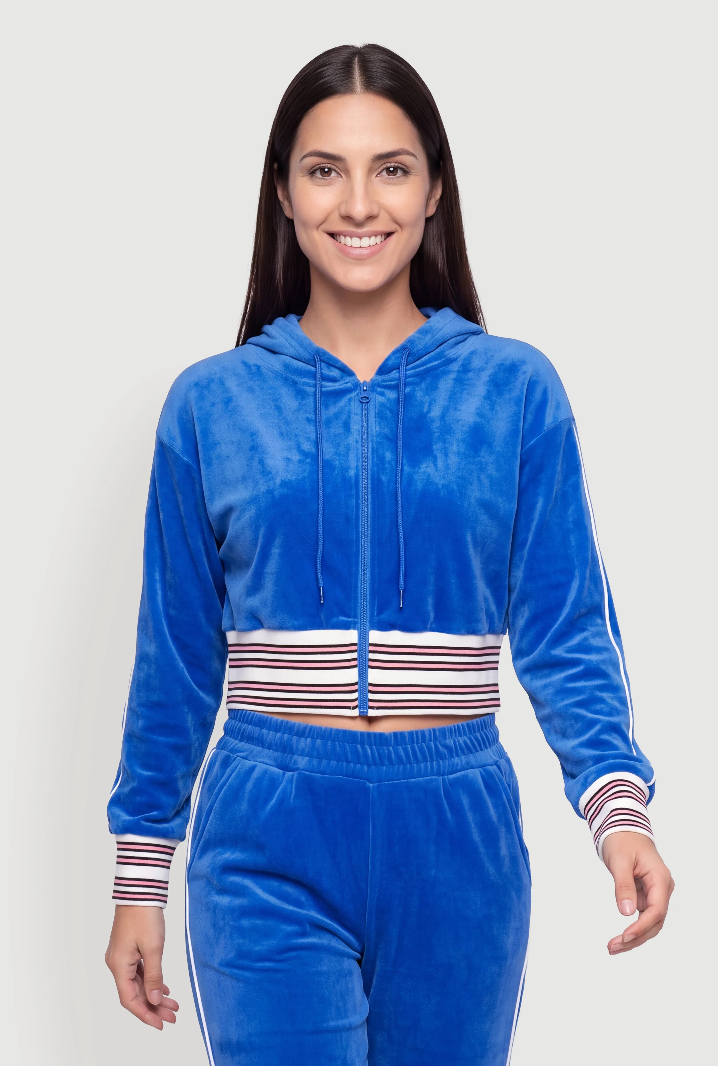 Velour Contrast Trim Zip Front Hoodie