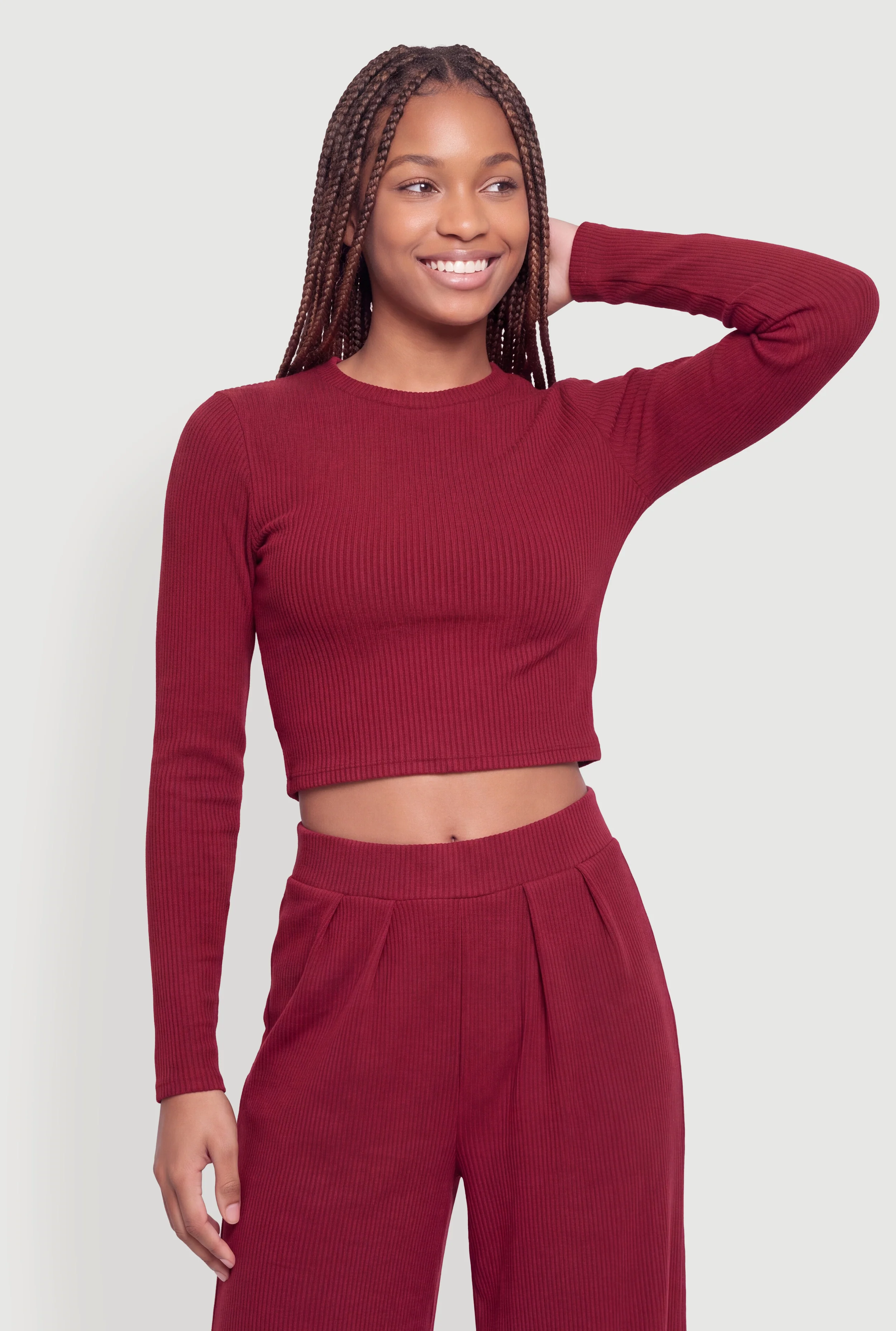 Brushed Ribbed Knit Long Sleece Crop Top