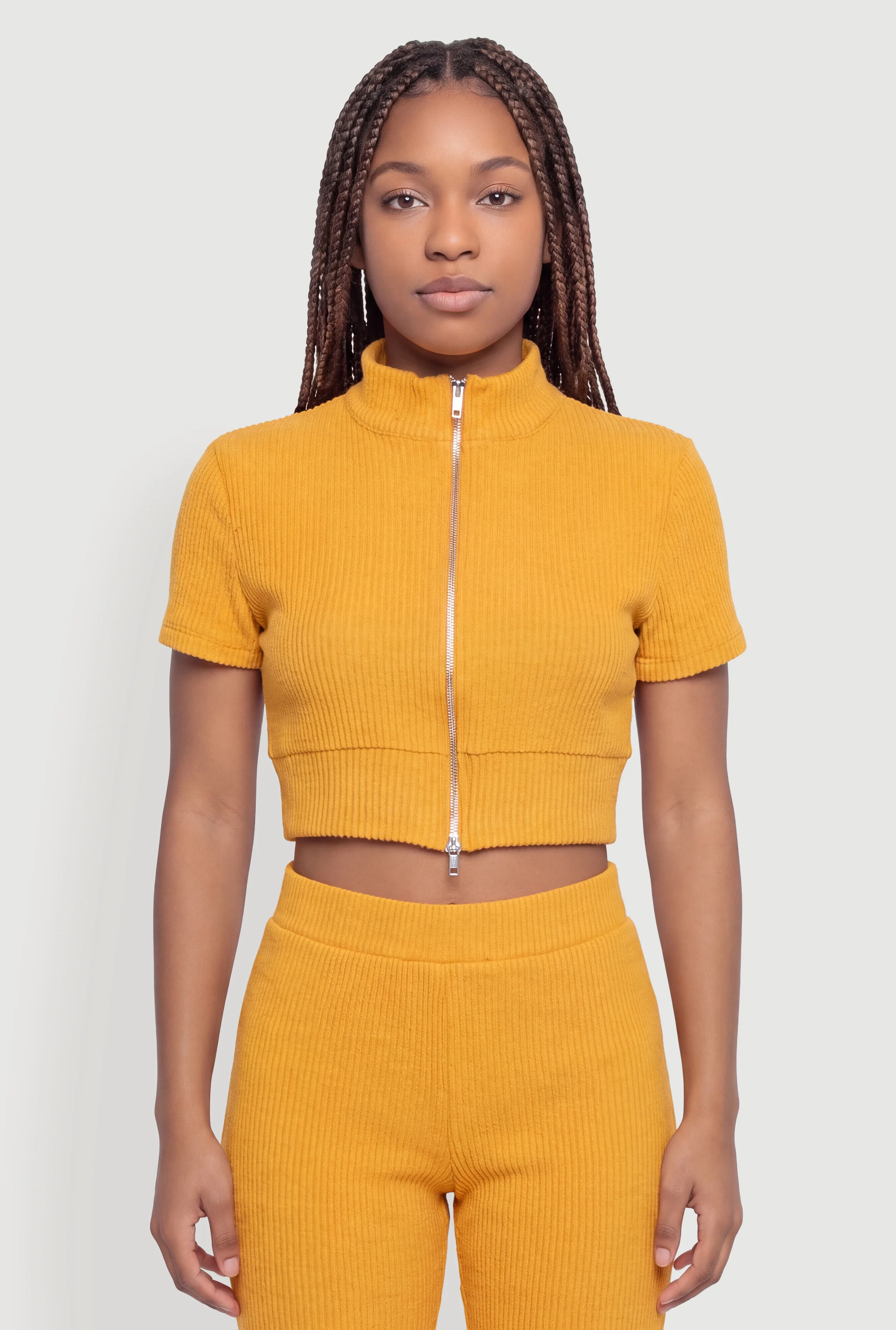 Brushed Ribbed Knit Zip Front Crop Top