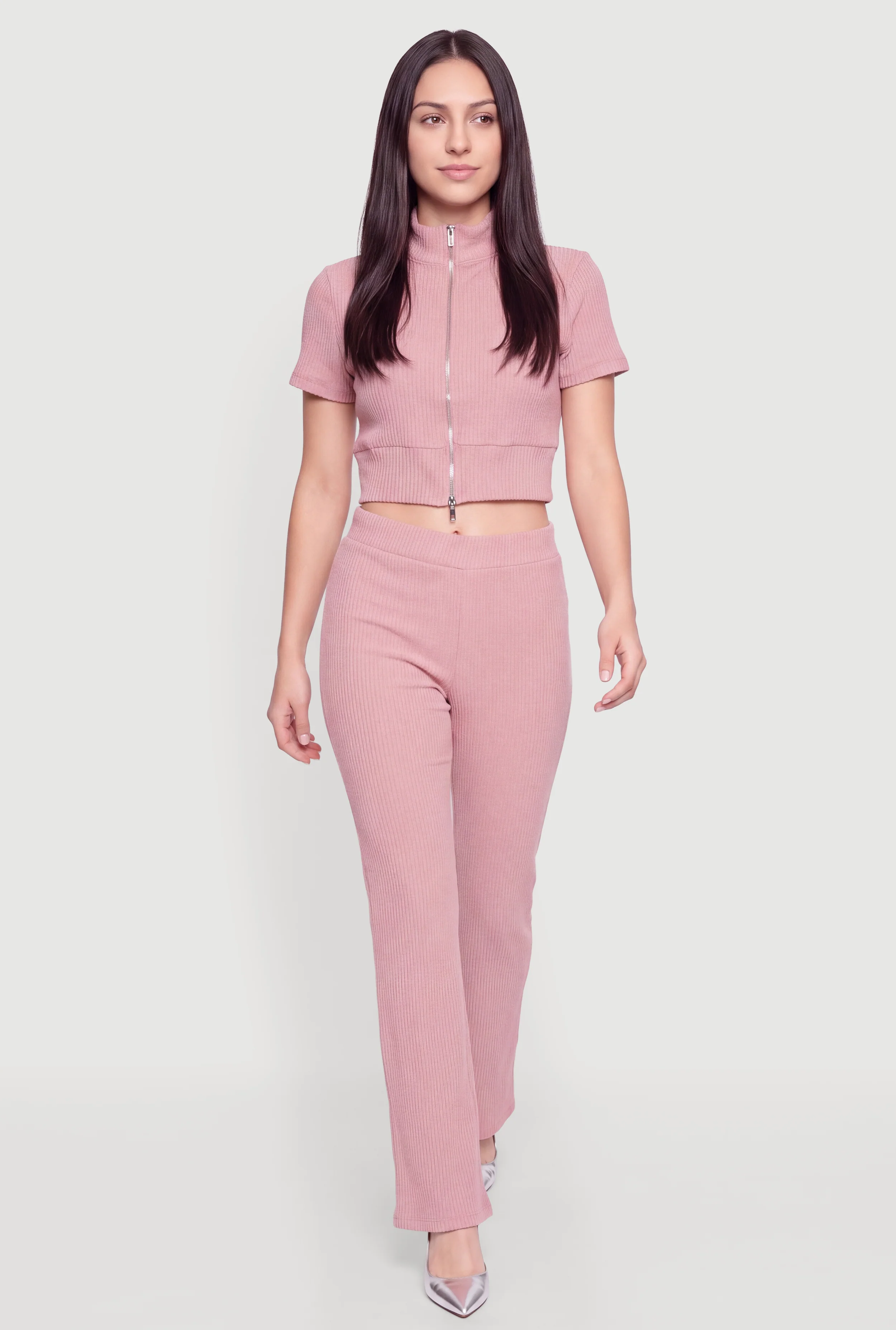 Brushed Ribbed Knit Flare Pants