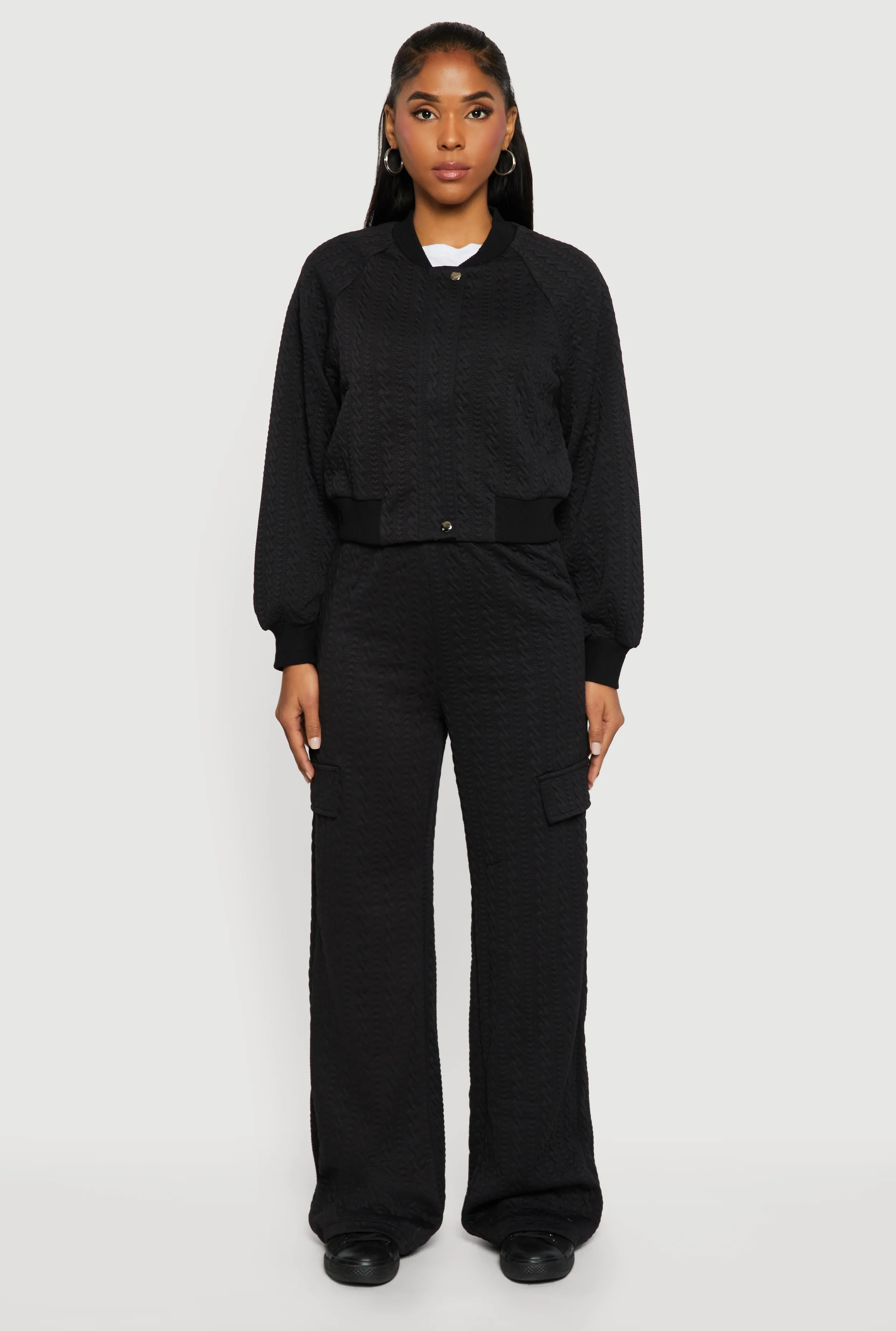 Textured Knit Zip Front Bomber Jacket