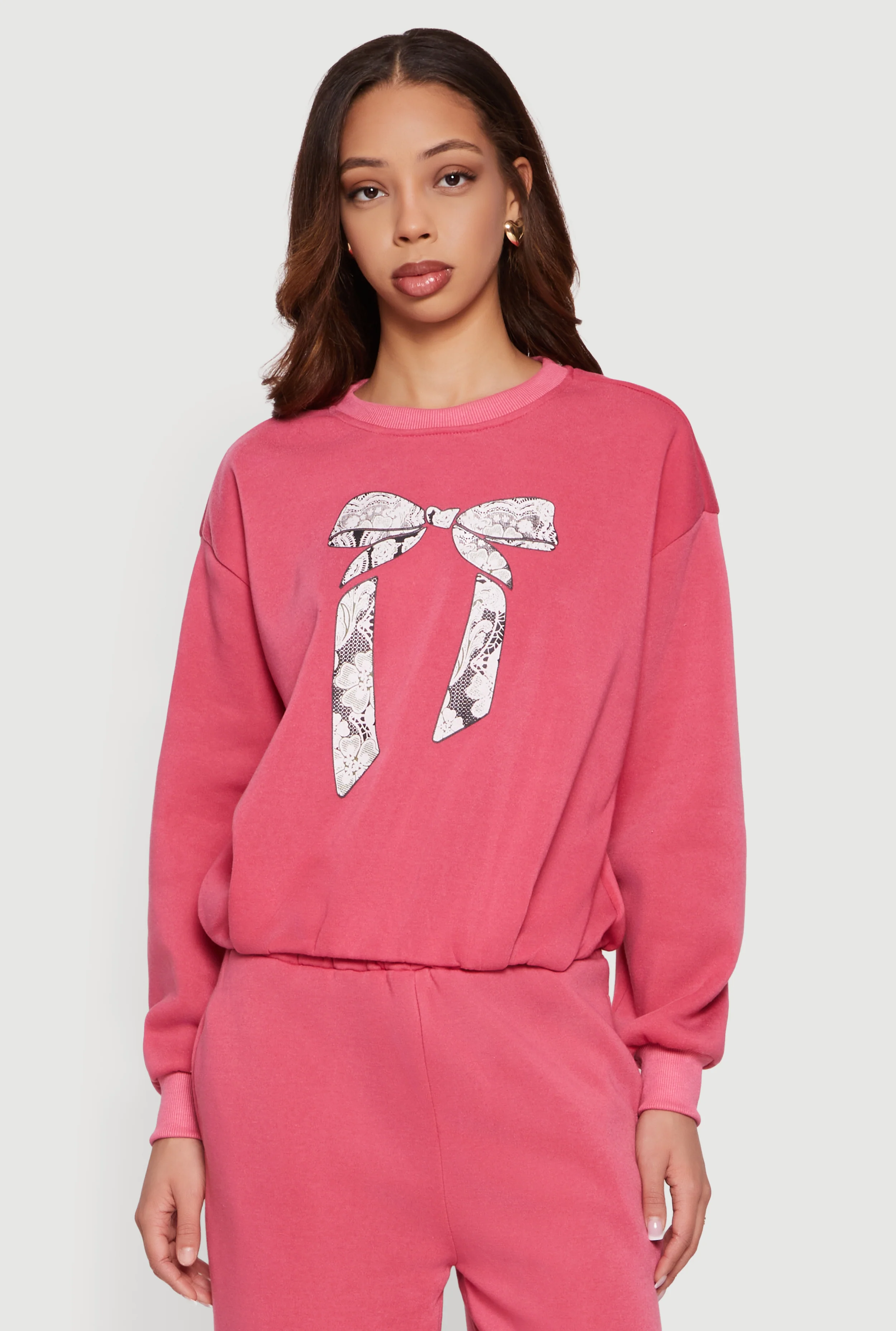 Fleece Bow Graphic Pullover Sweatshirt