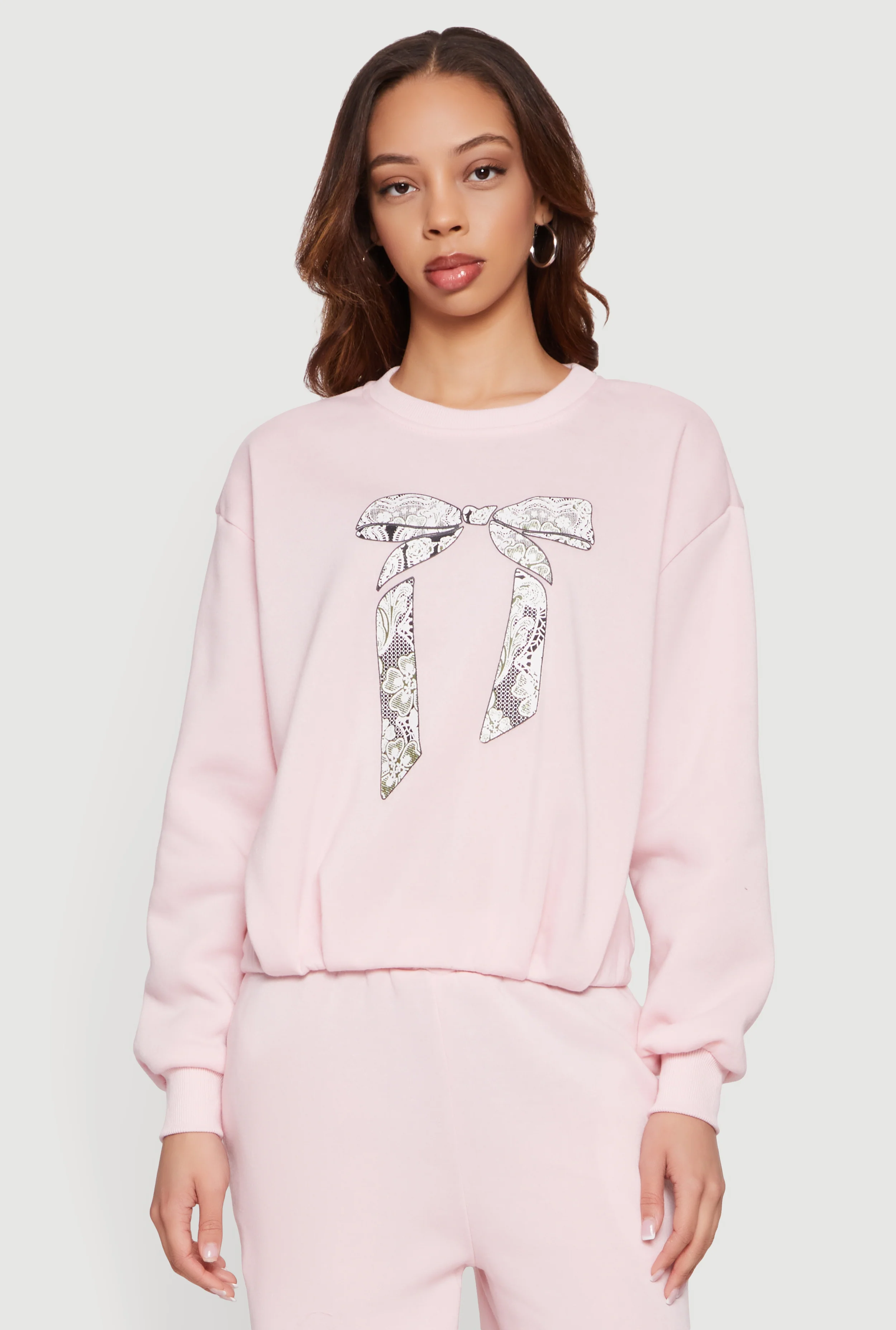Fleece Bow Graphic Pullover Sweatshirt
