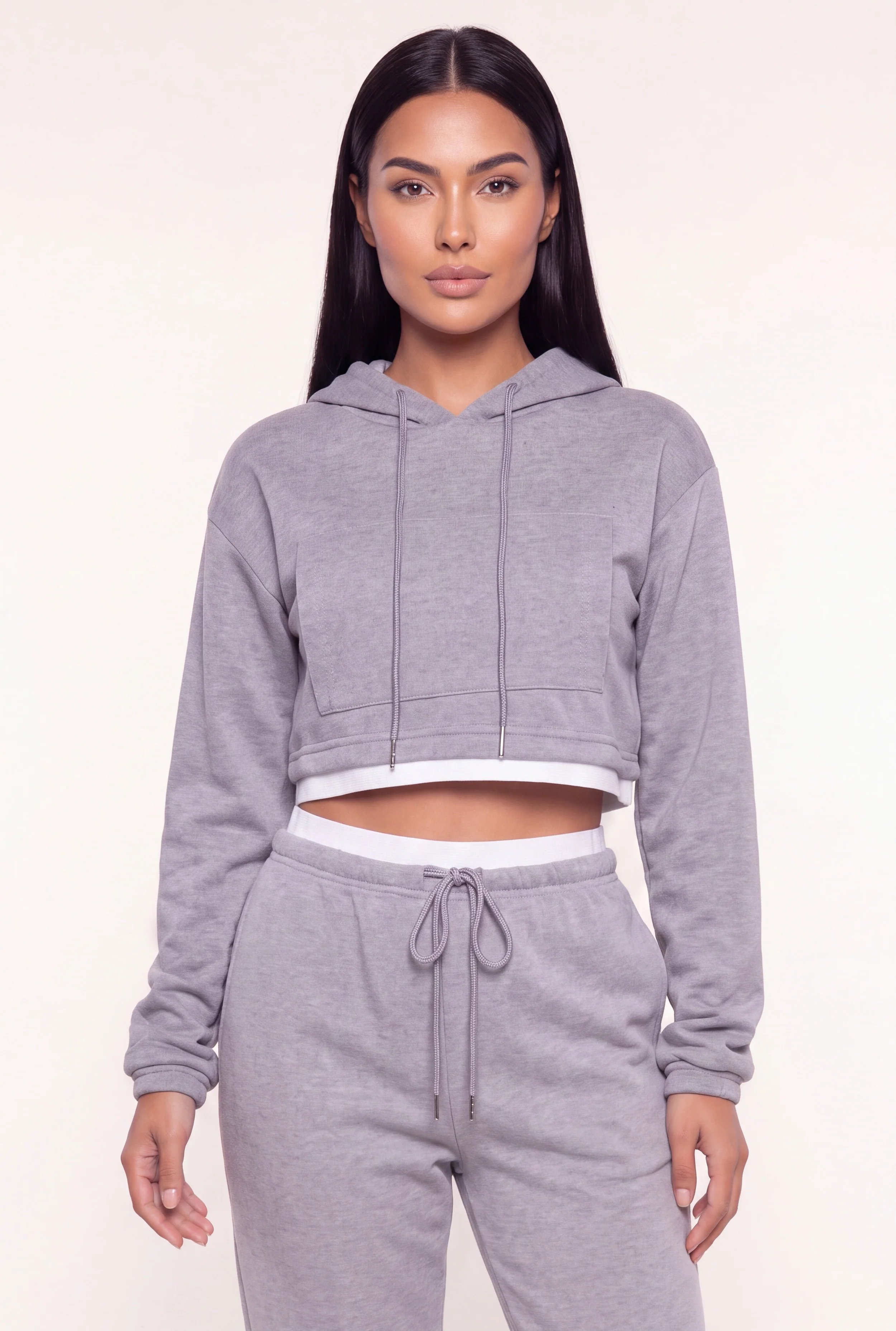 Contrast Hem Fleece Cropped Hoodie
