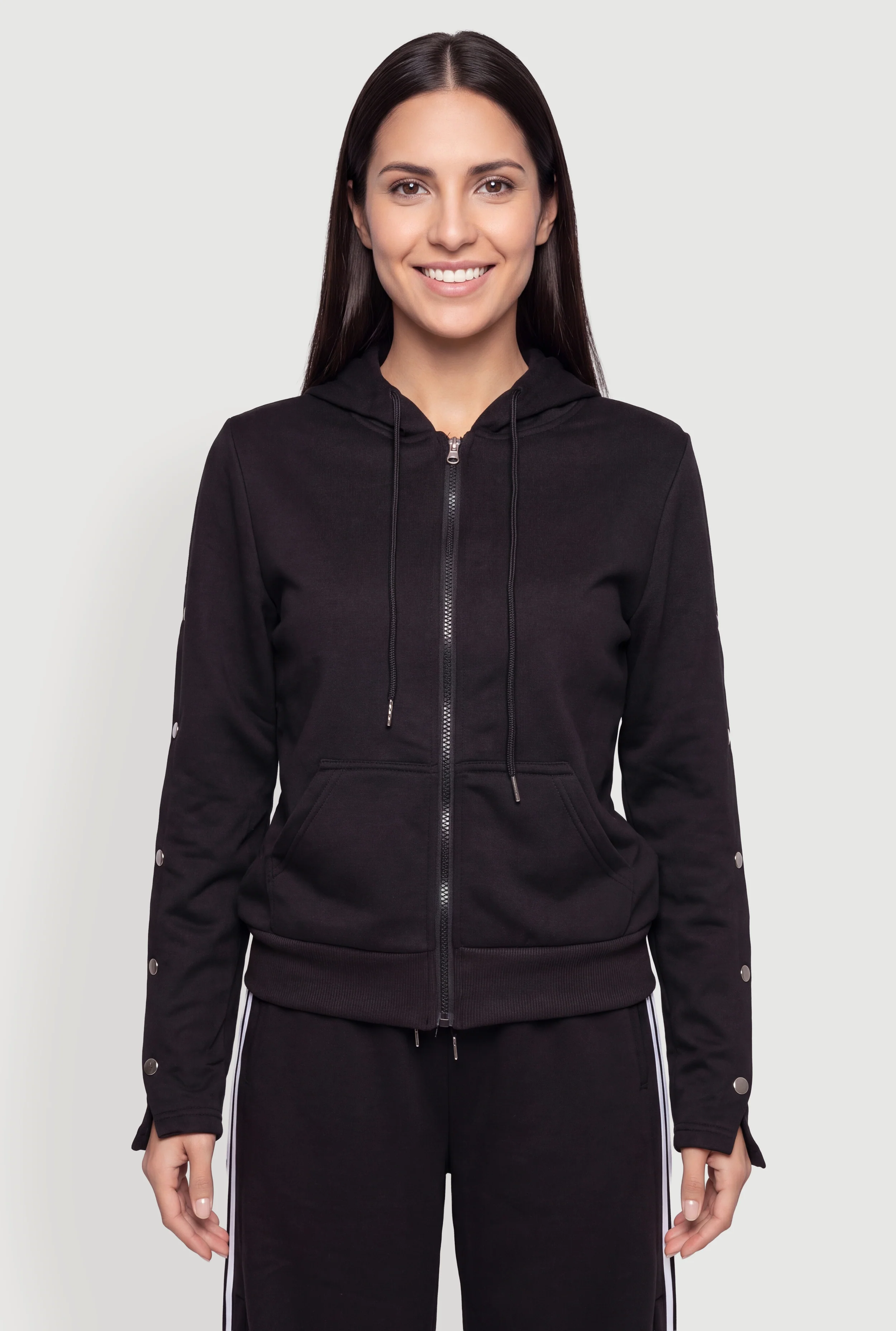 Side Snap Long Sleeve Zip Front Hoodie