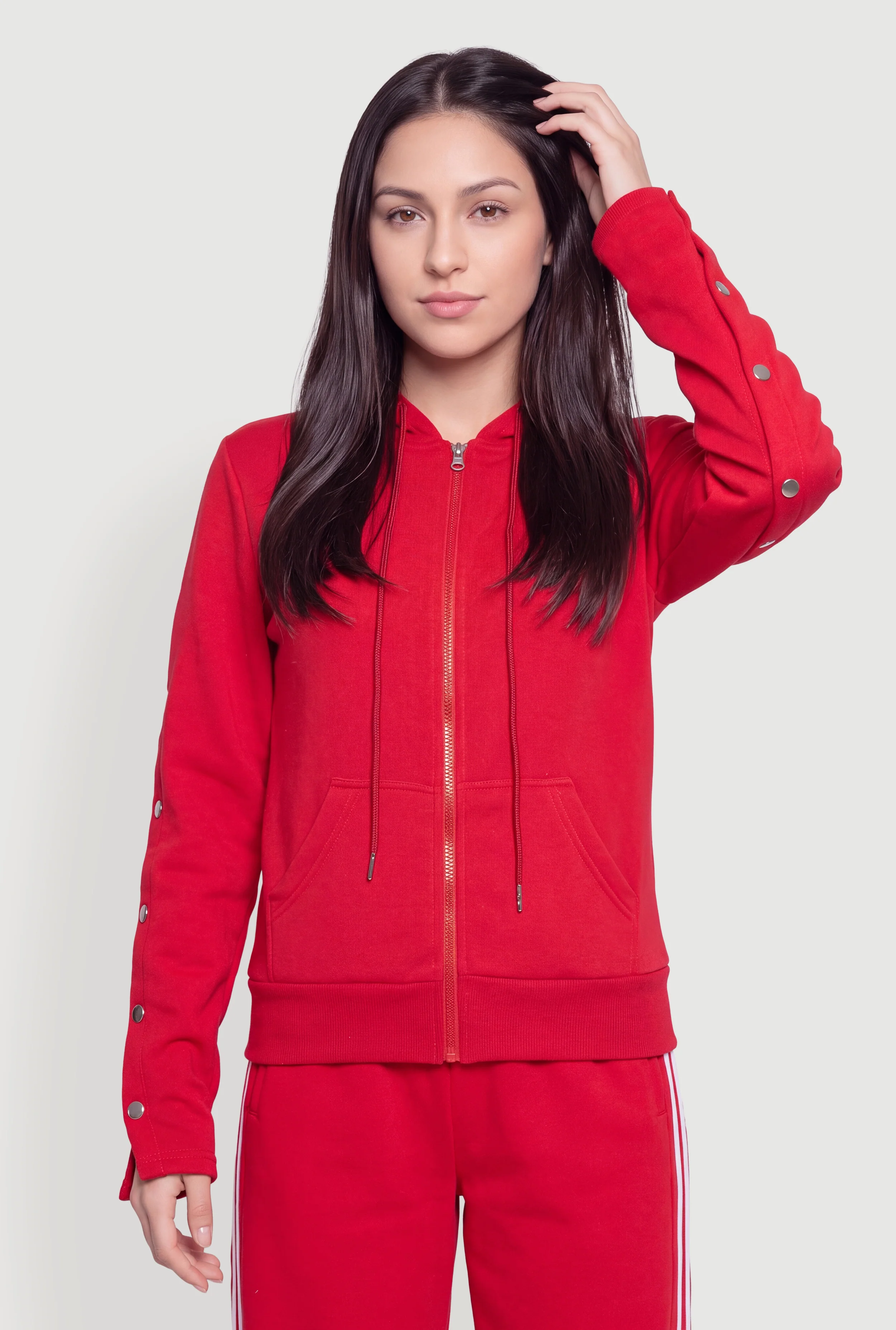 Side Snap Long Sleeve Zip Front Hoodie