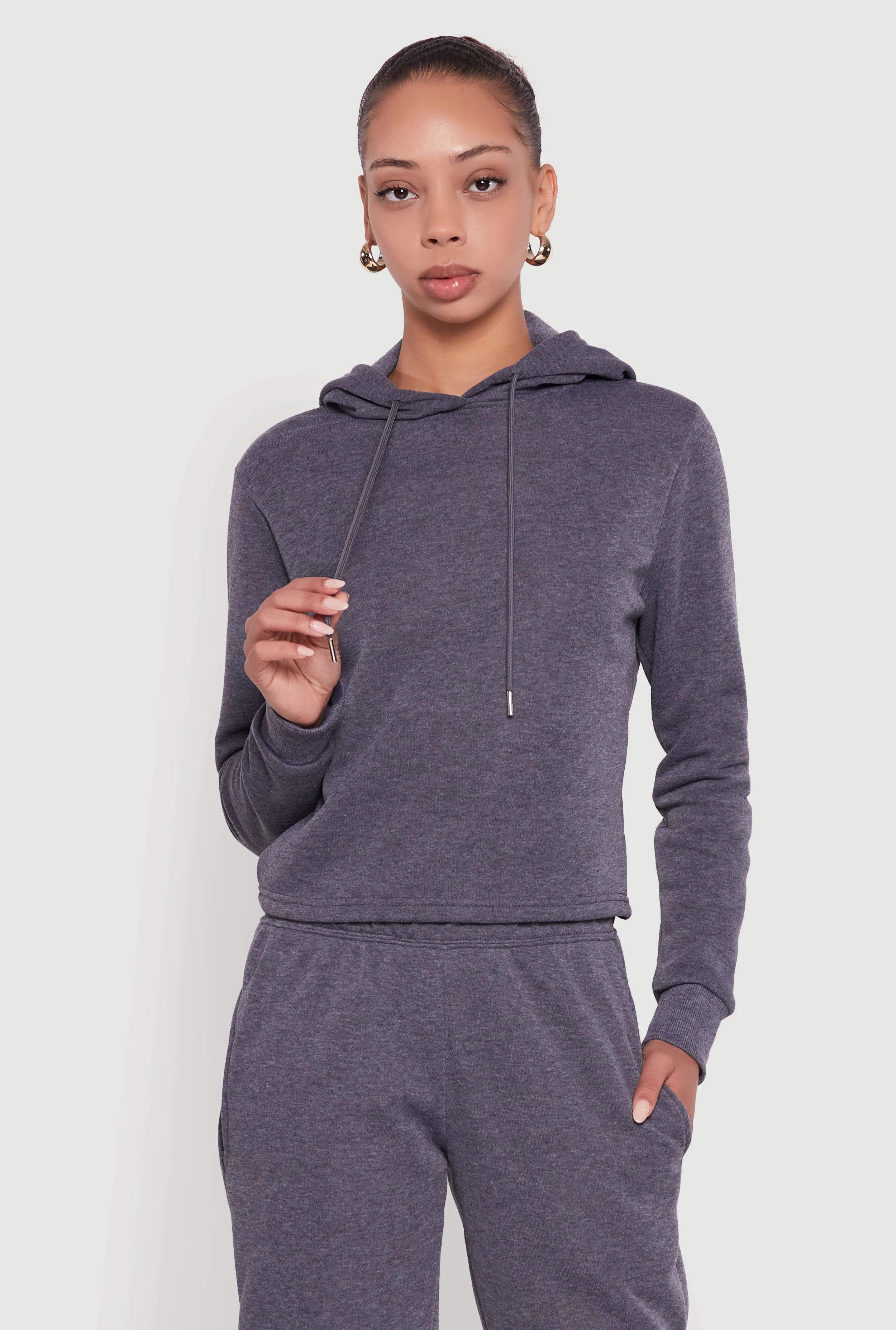 Fleece Lined Cropped  Pullover Hooded Sweatshirt