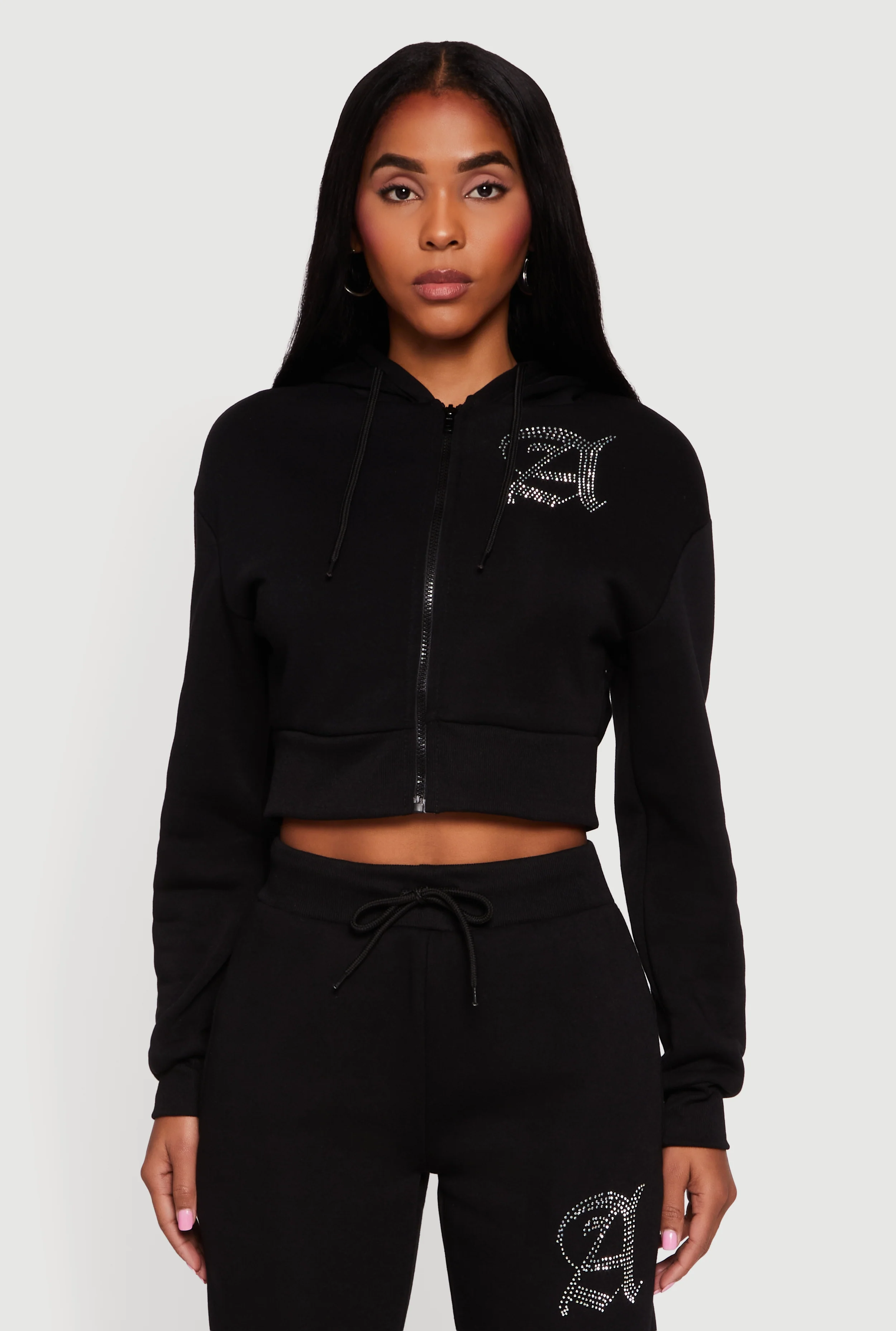 Angel Rhinestone Zip Front Cropped Hoodie