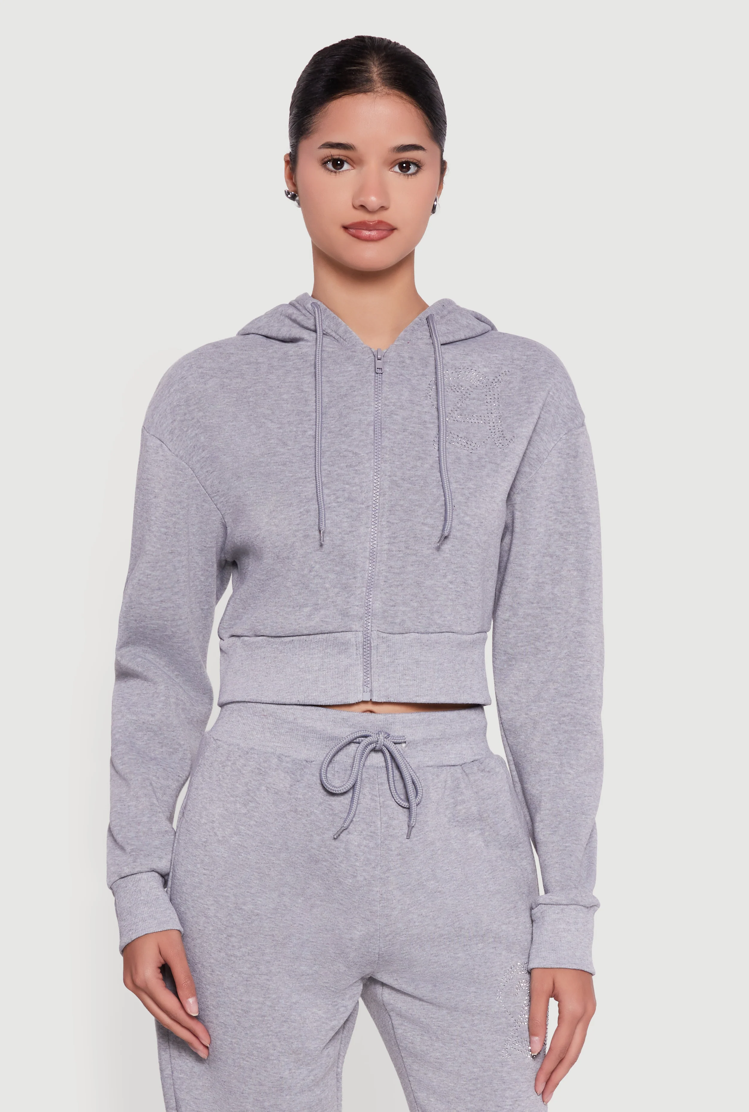 Angel Rhinestone Zip Front Cropped Hoodie