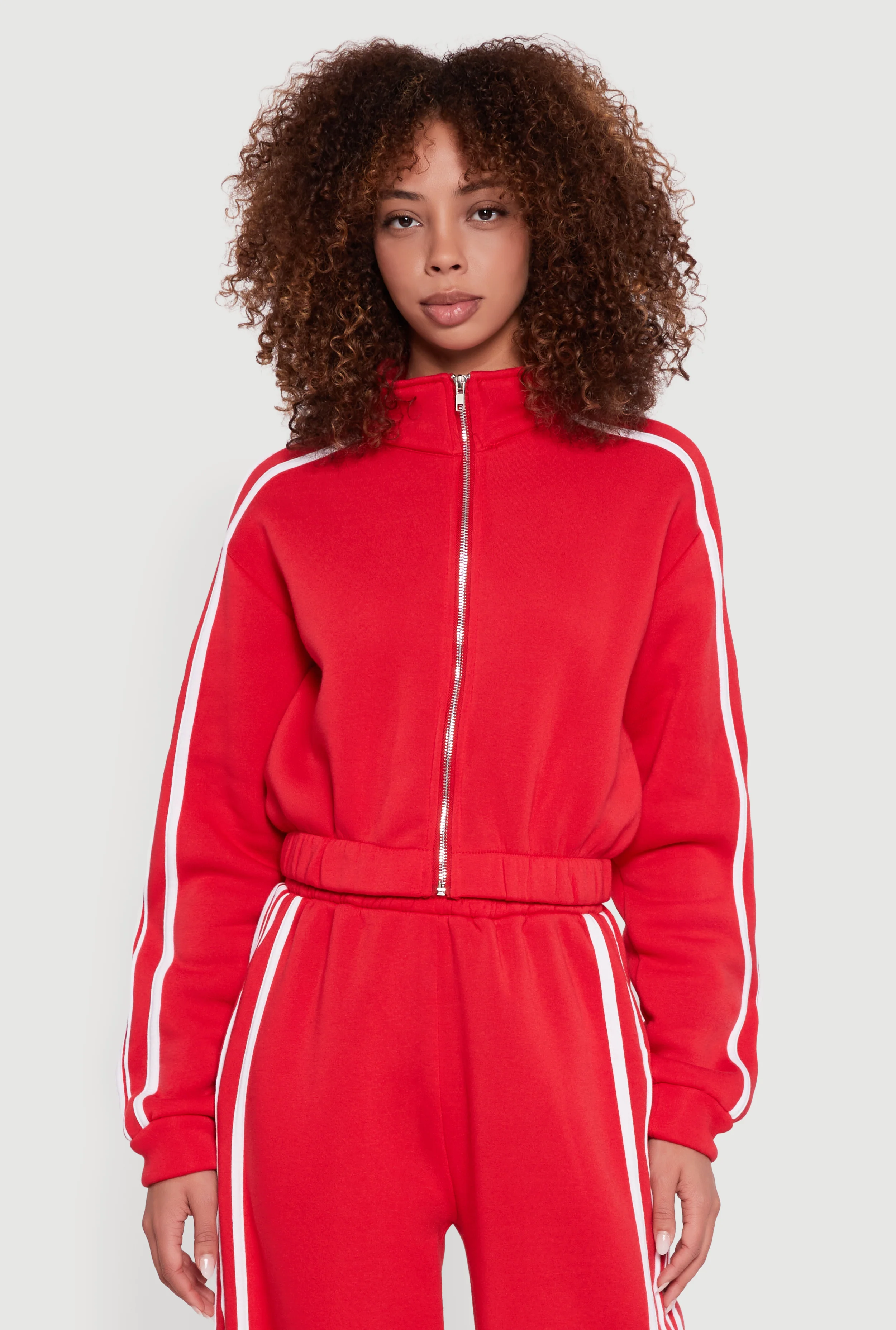 Contrast Trim Zip Front Mock Neck Sweatshirt