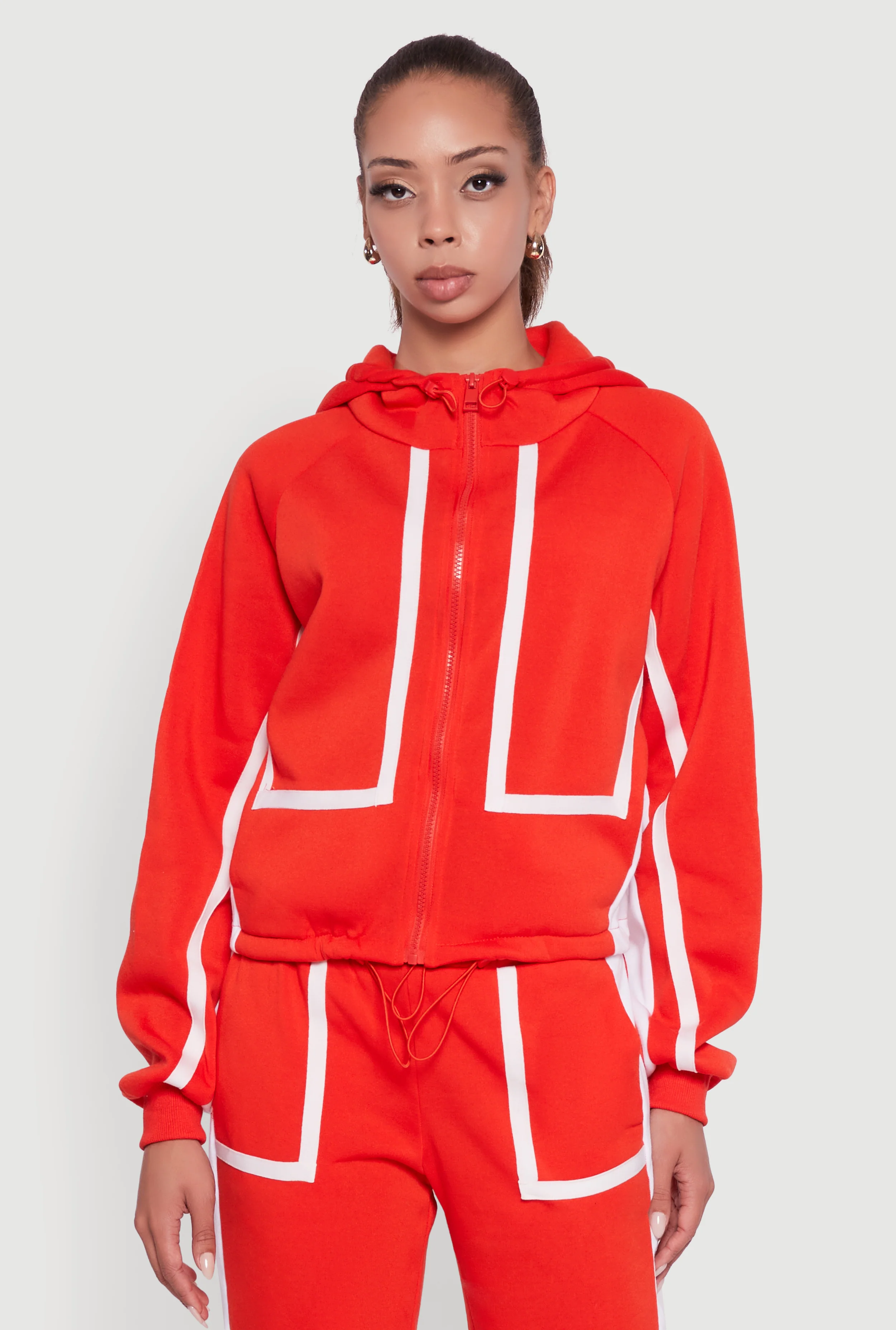 Contrast Trim Zip Front Toggle Drawstring Hoodie