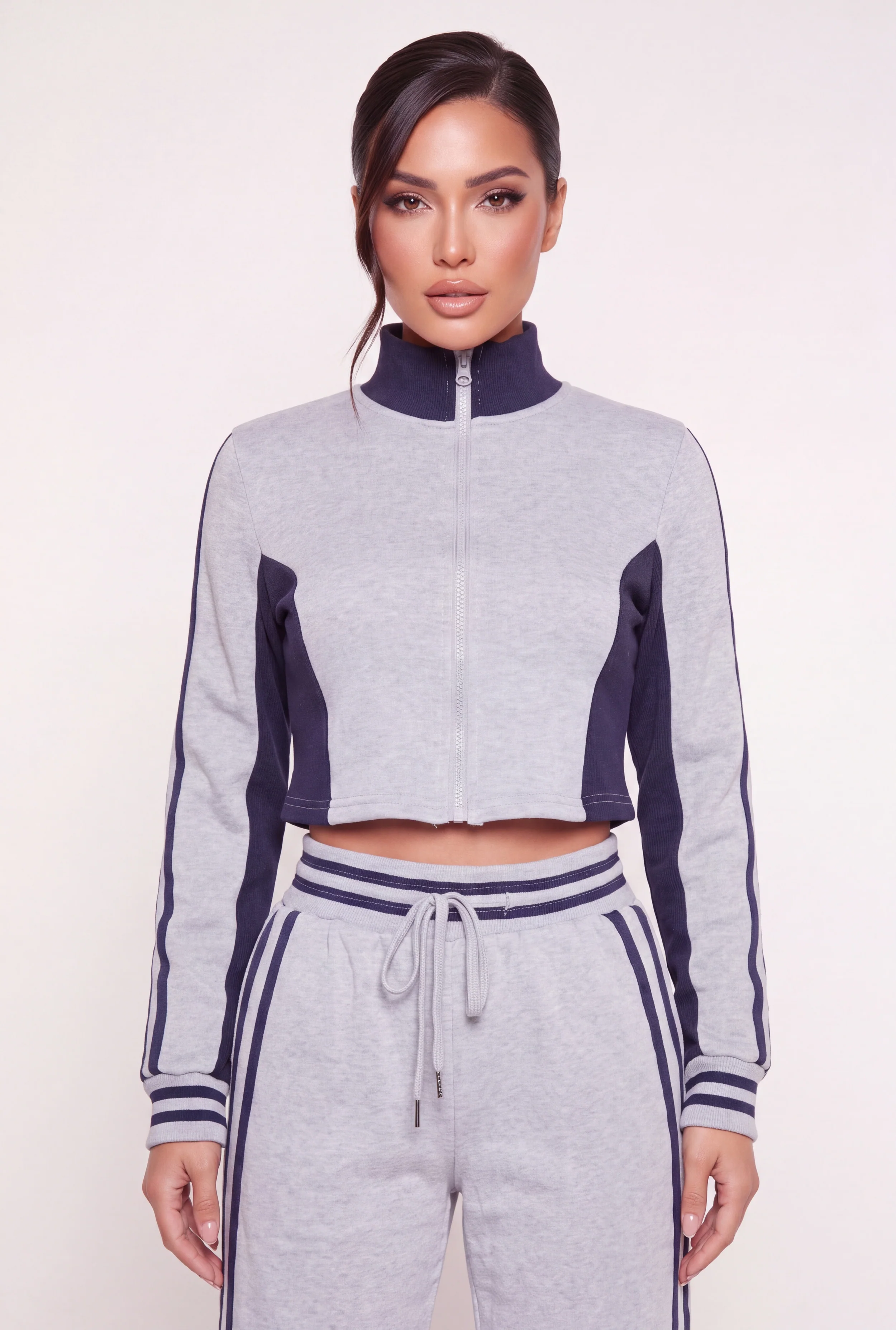 Color Blocked Detail Fleece Zip Front Crop Top
