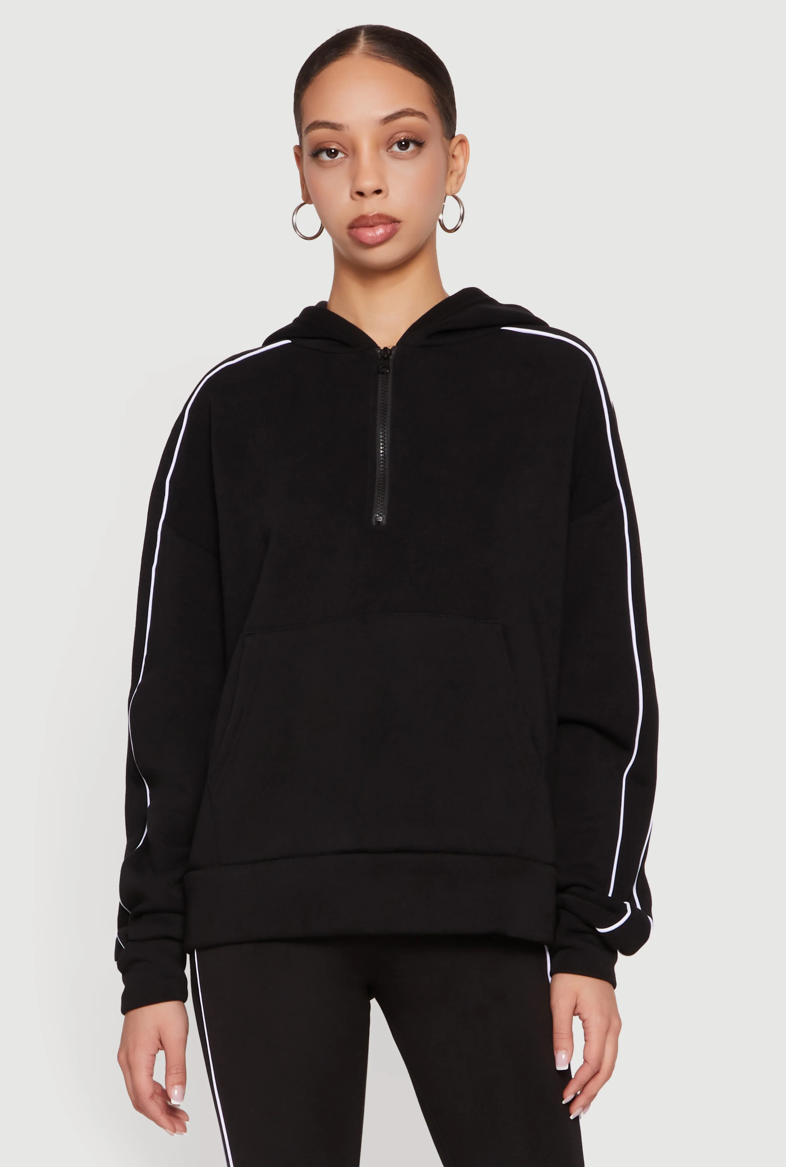 Fleece Quarter Zip Hoodie with Contrast Piping