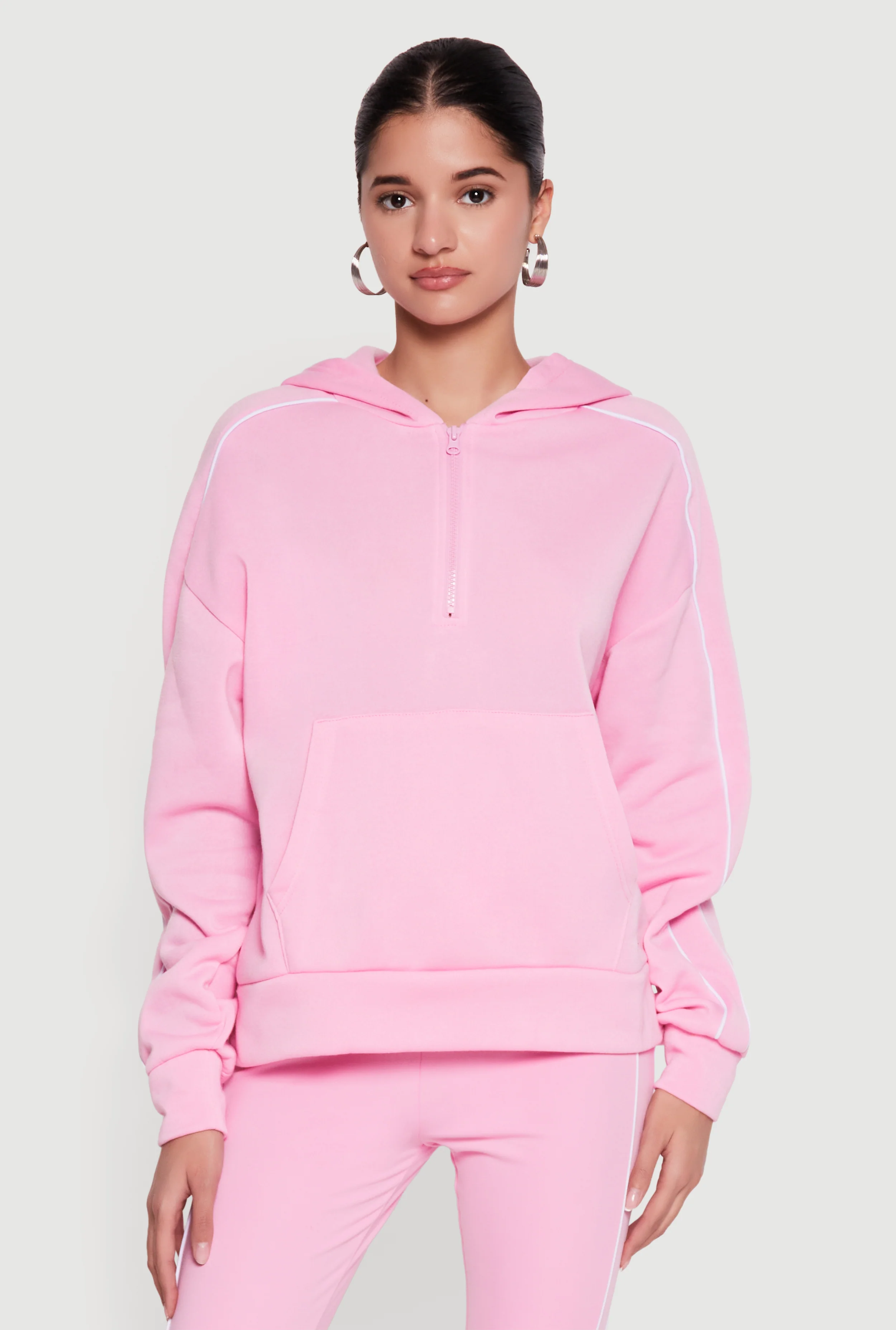 Fleece Quarter Zip Hoodie with Contrast Piping