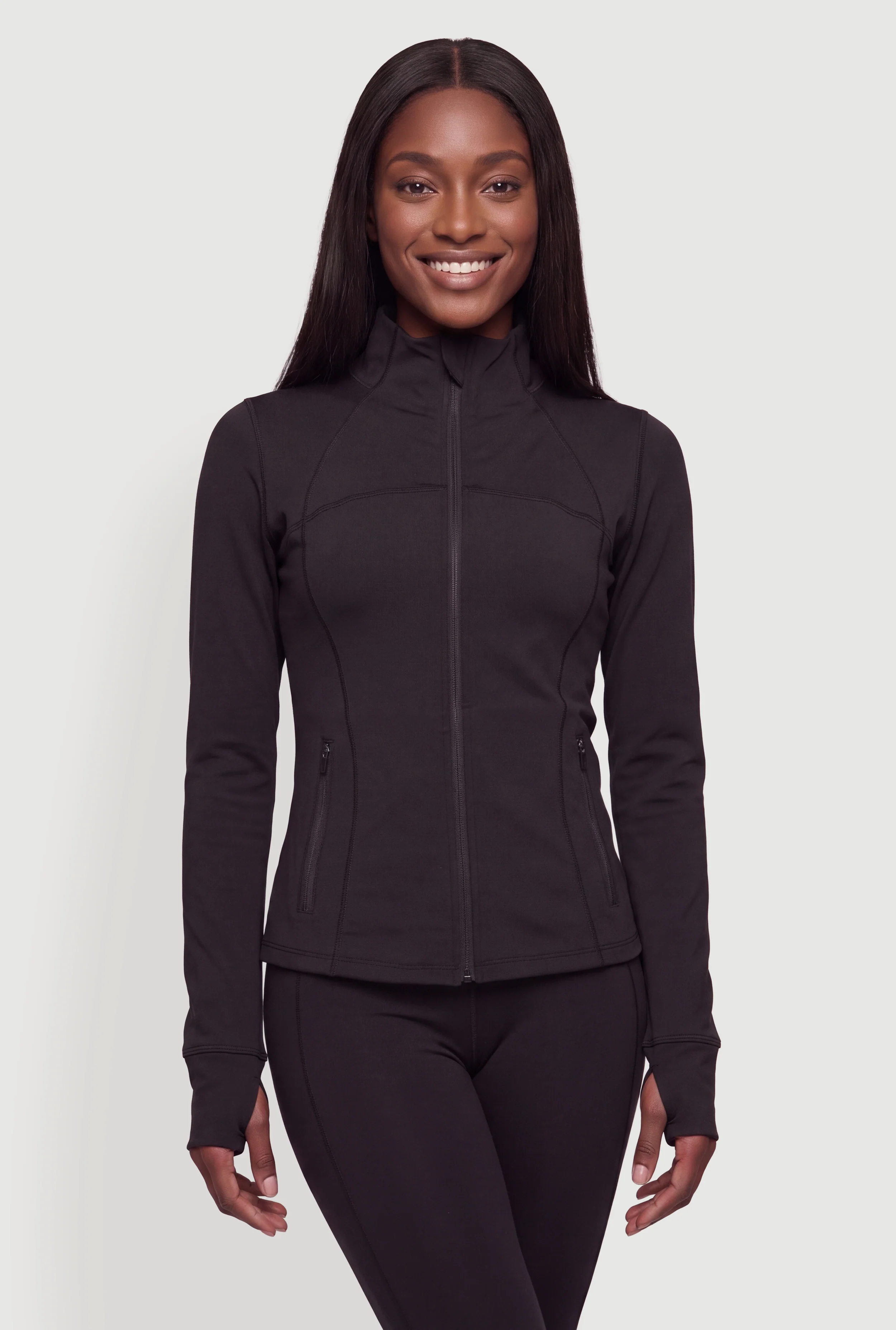 Mock Neck Zip Front Active Jacket with Thumb Holes