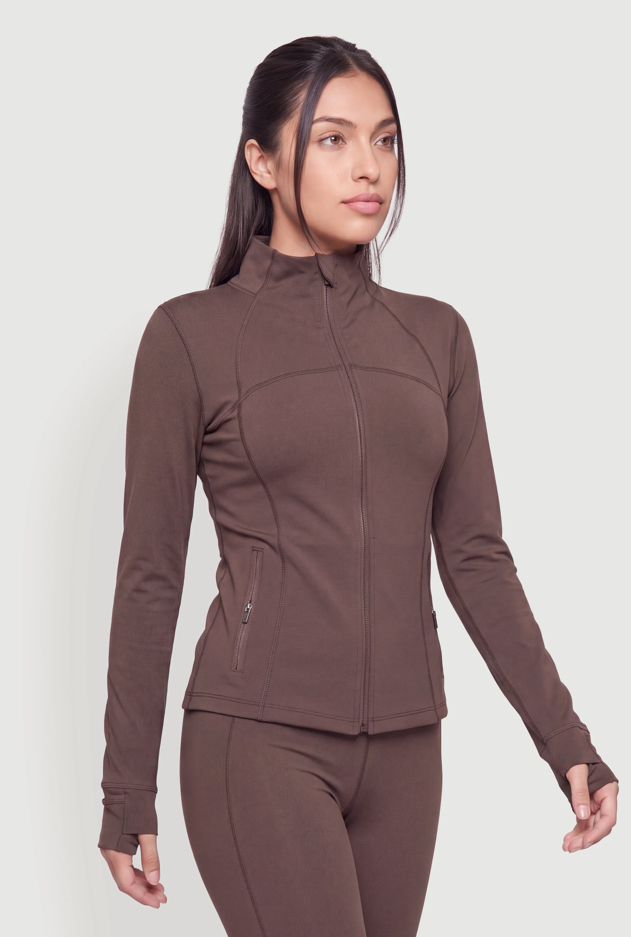 Mock Neck Zip Front Active Jacket with Thumb Holes