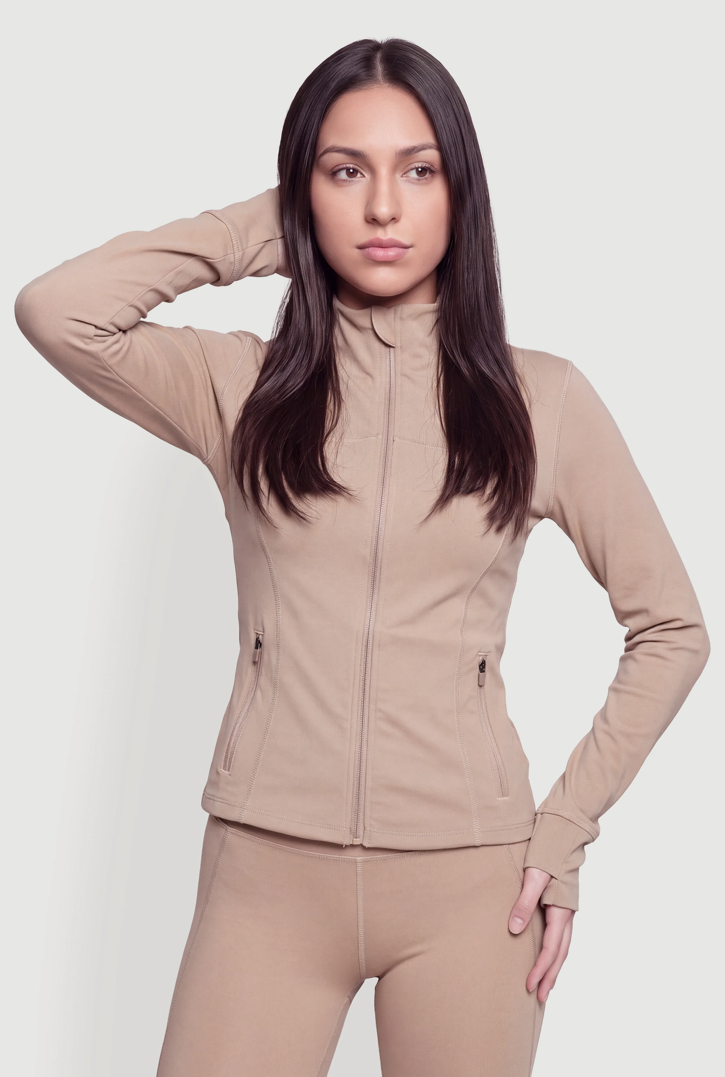 Mock Neck Zip Front Active Jacket with Thumb Holes