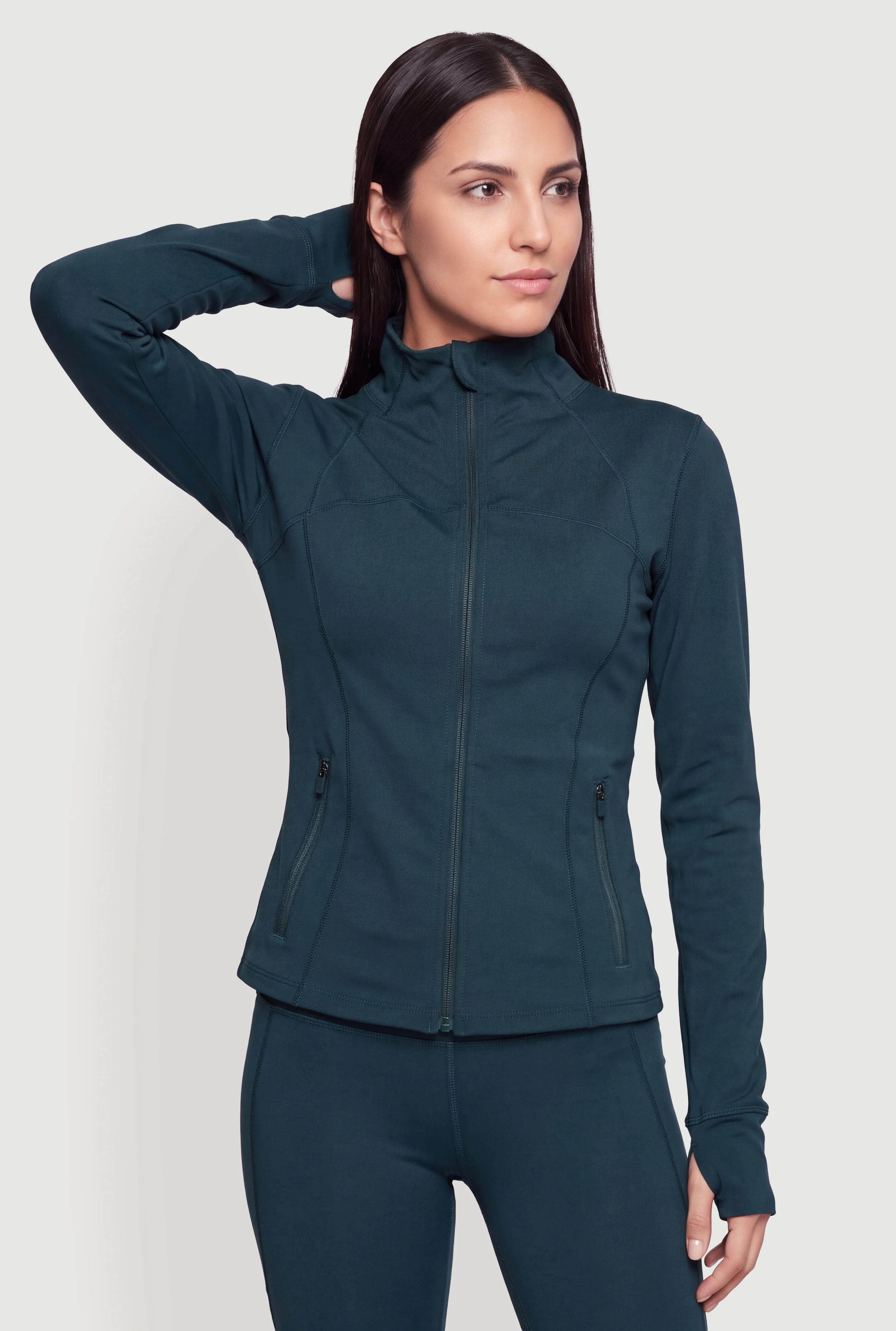 Mock Neck Zip Front Active Jacket with Thumb Holes