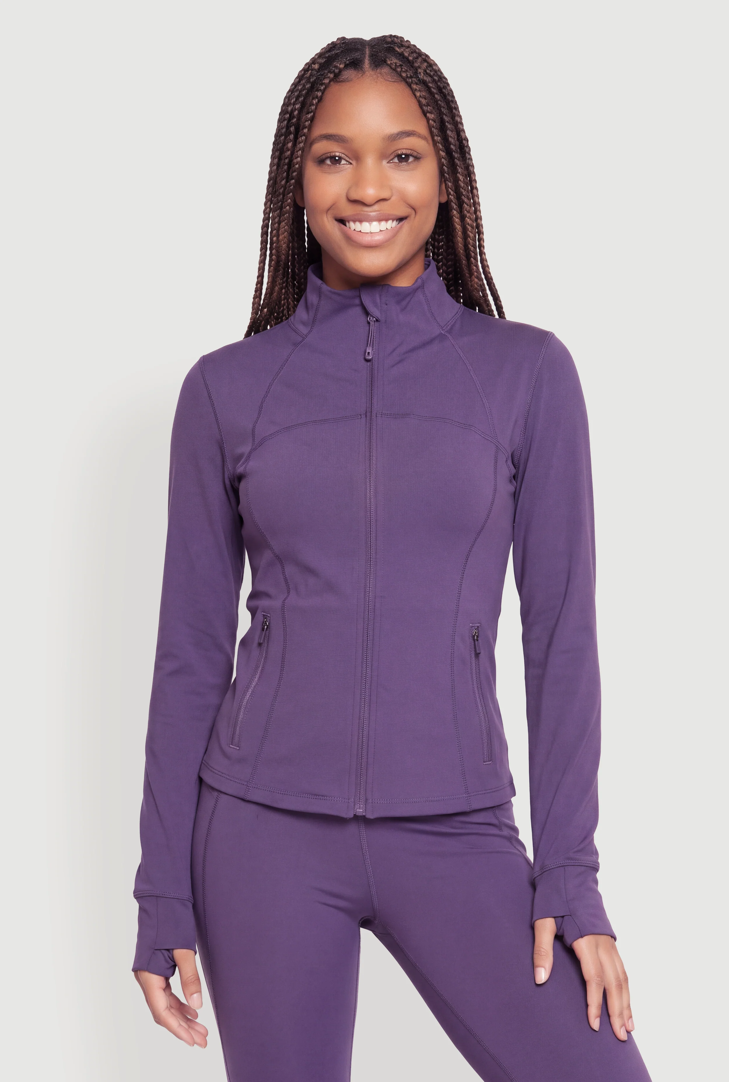 Mock Neck Zip Front Active Jacket with Thumb Holes