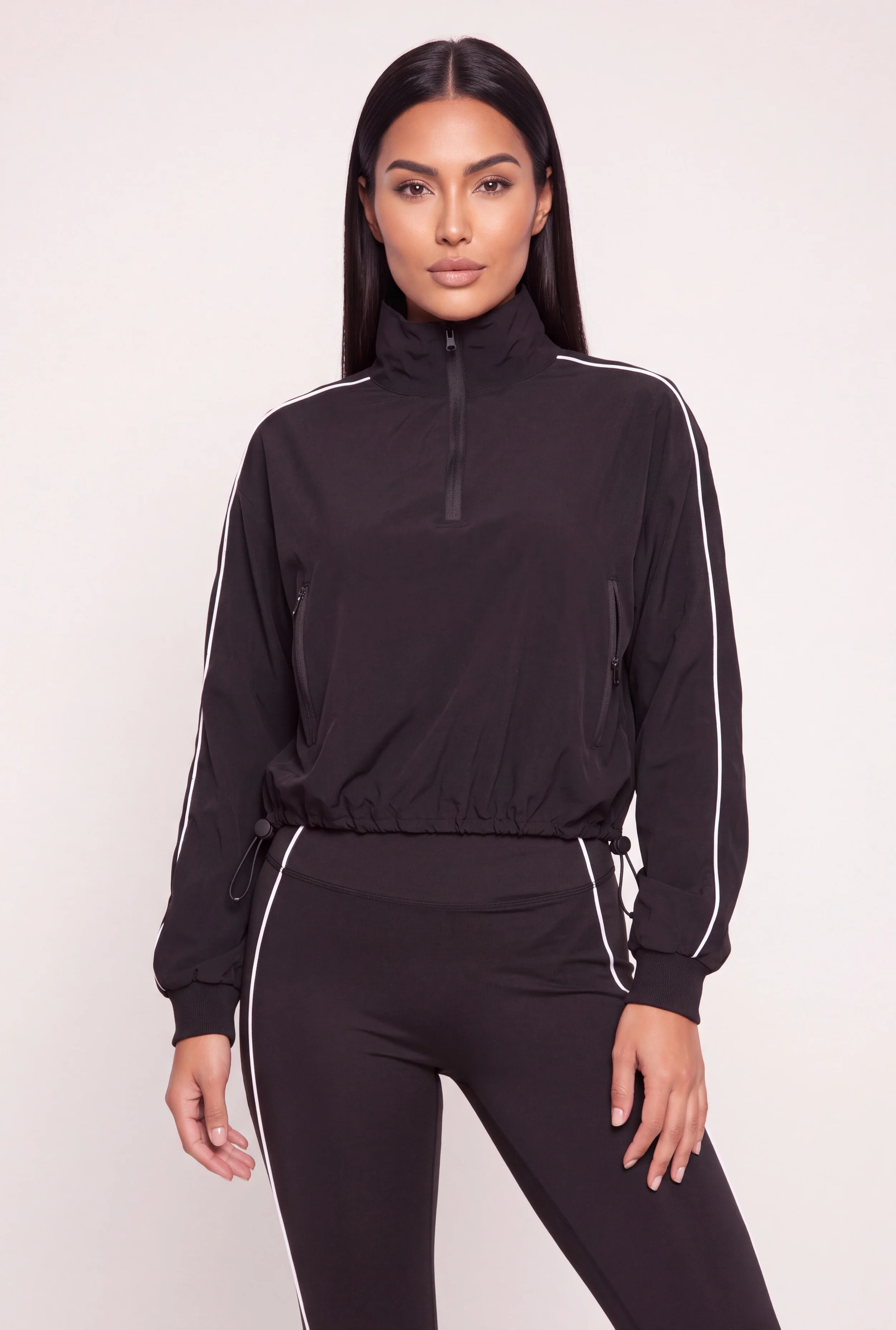Toggle Drawstring Hem Contrast Piping Trim Windbreaker