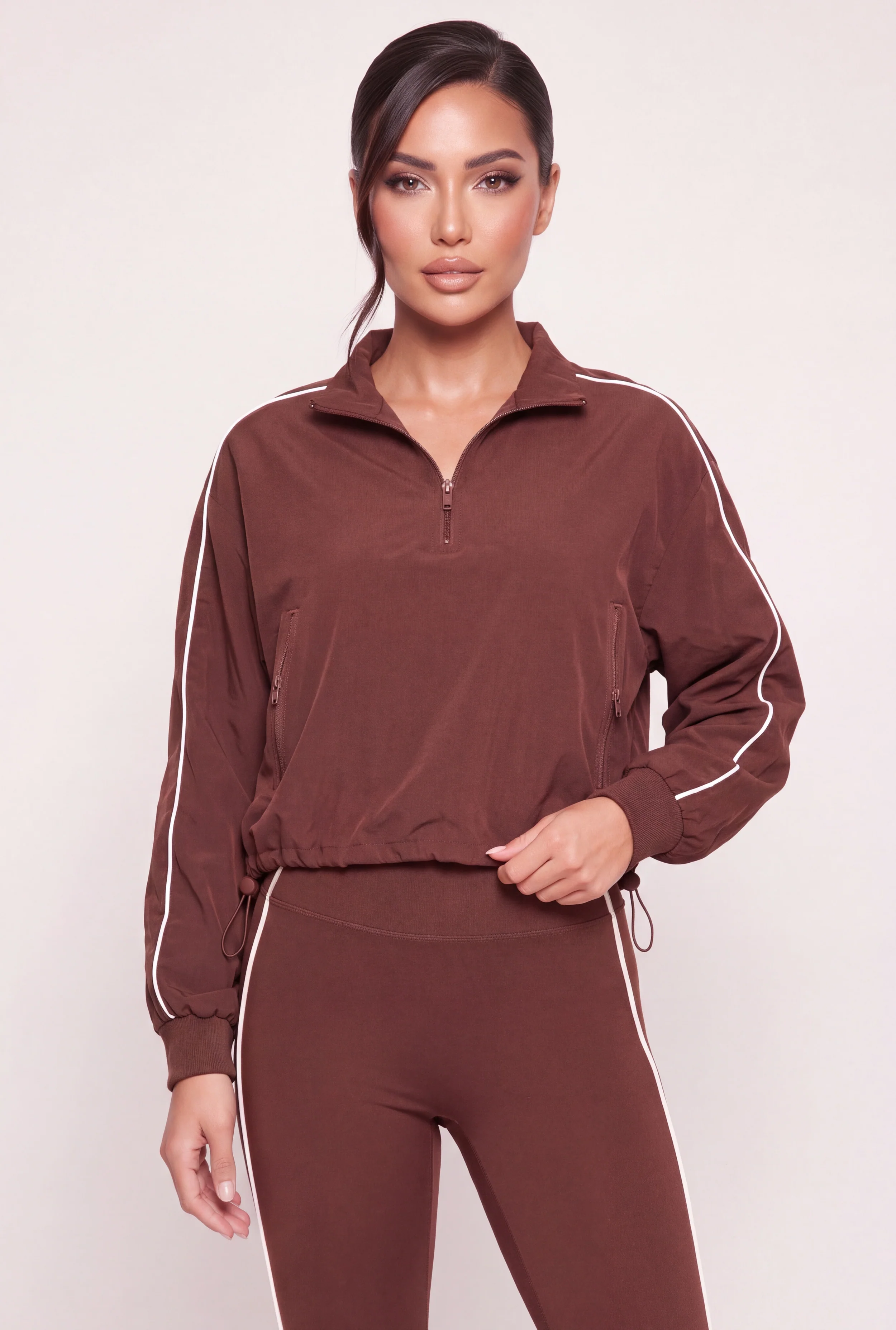 Toggle Drawstring Hem Contrast Piping Trim Windbreaker
