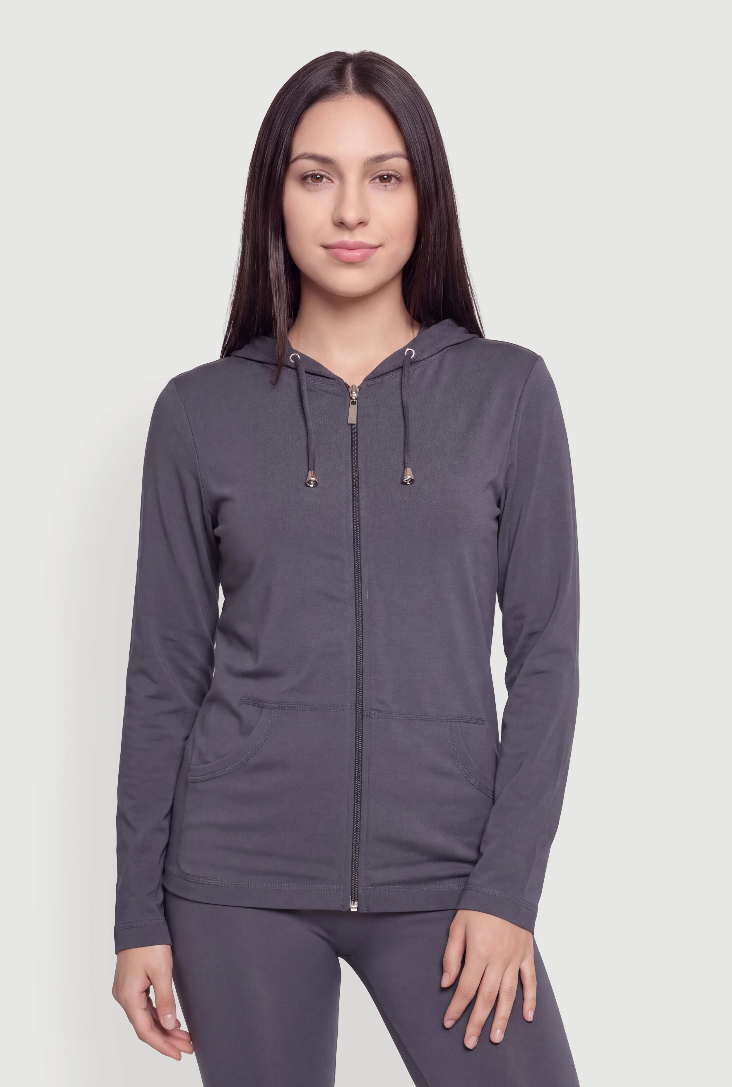 Metallic Zip Front Long Sleeve Hoodie