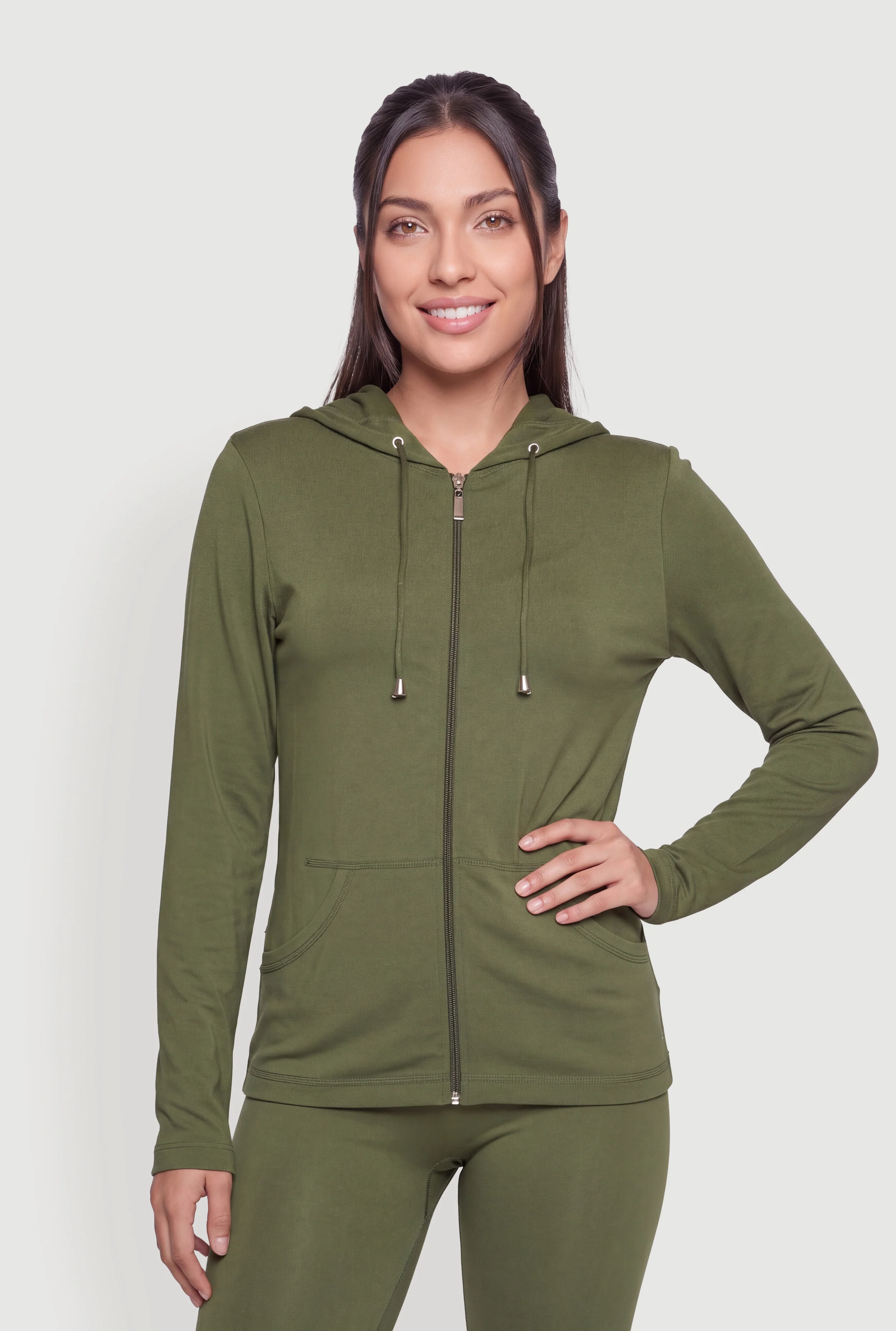 Metallic Zip Front Long Sleeve Hoodie