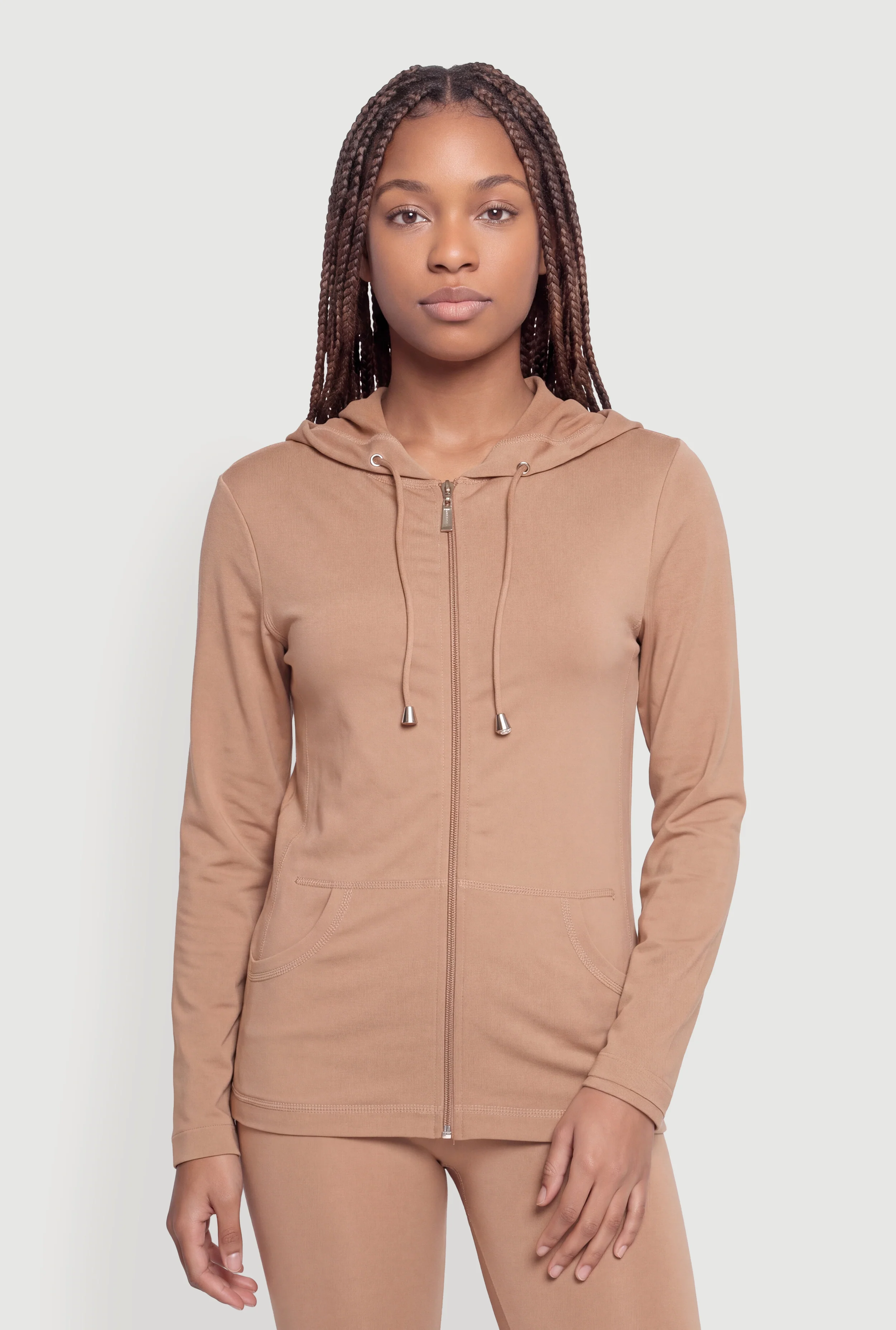 Metallic Zip Front Long Sleeve Hoodie