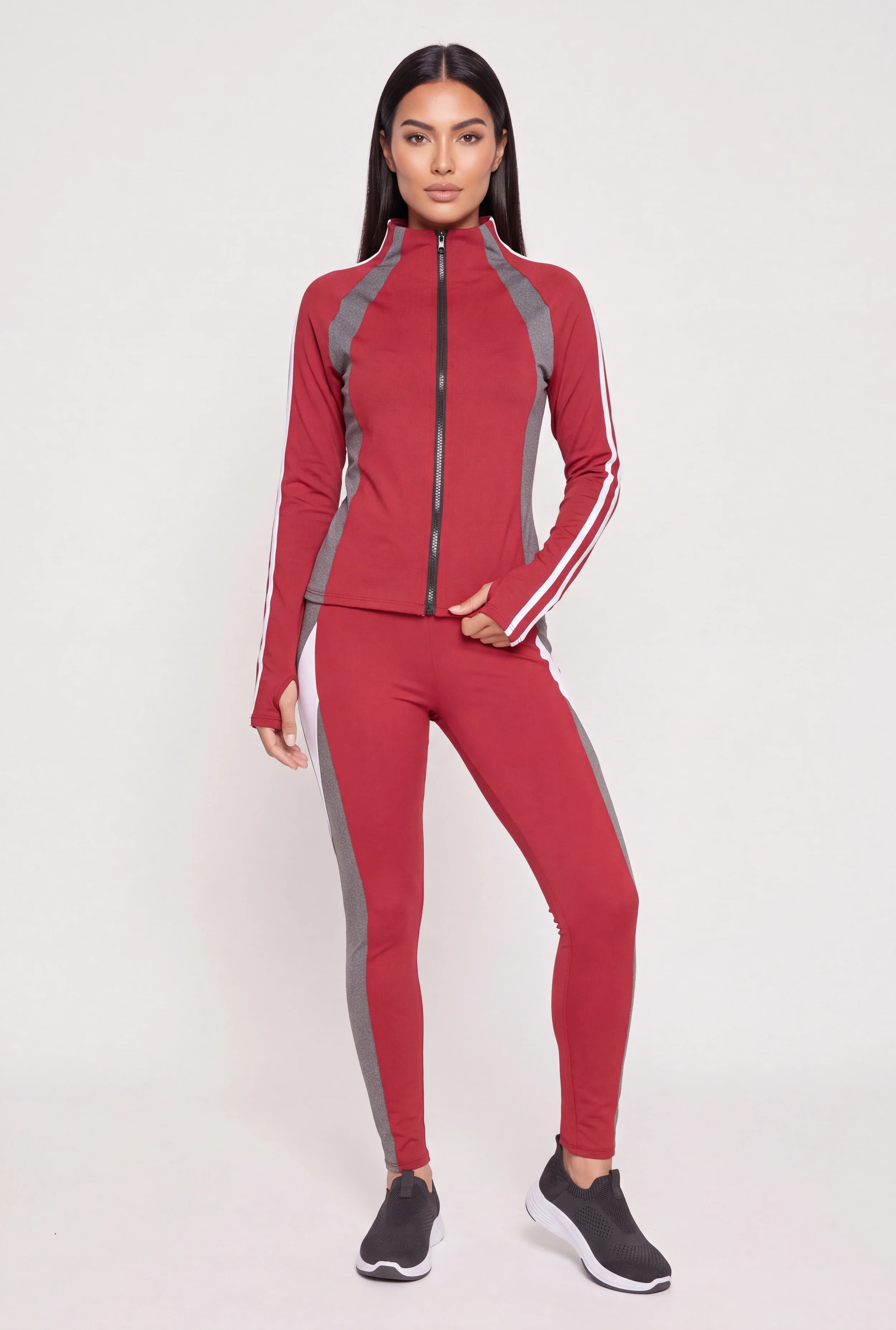 Zip Front Mock Neck Track Jacket with Thumb Holes