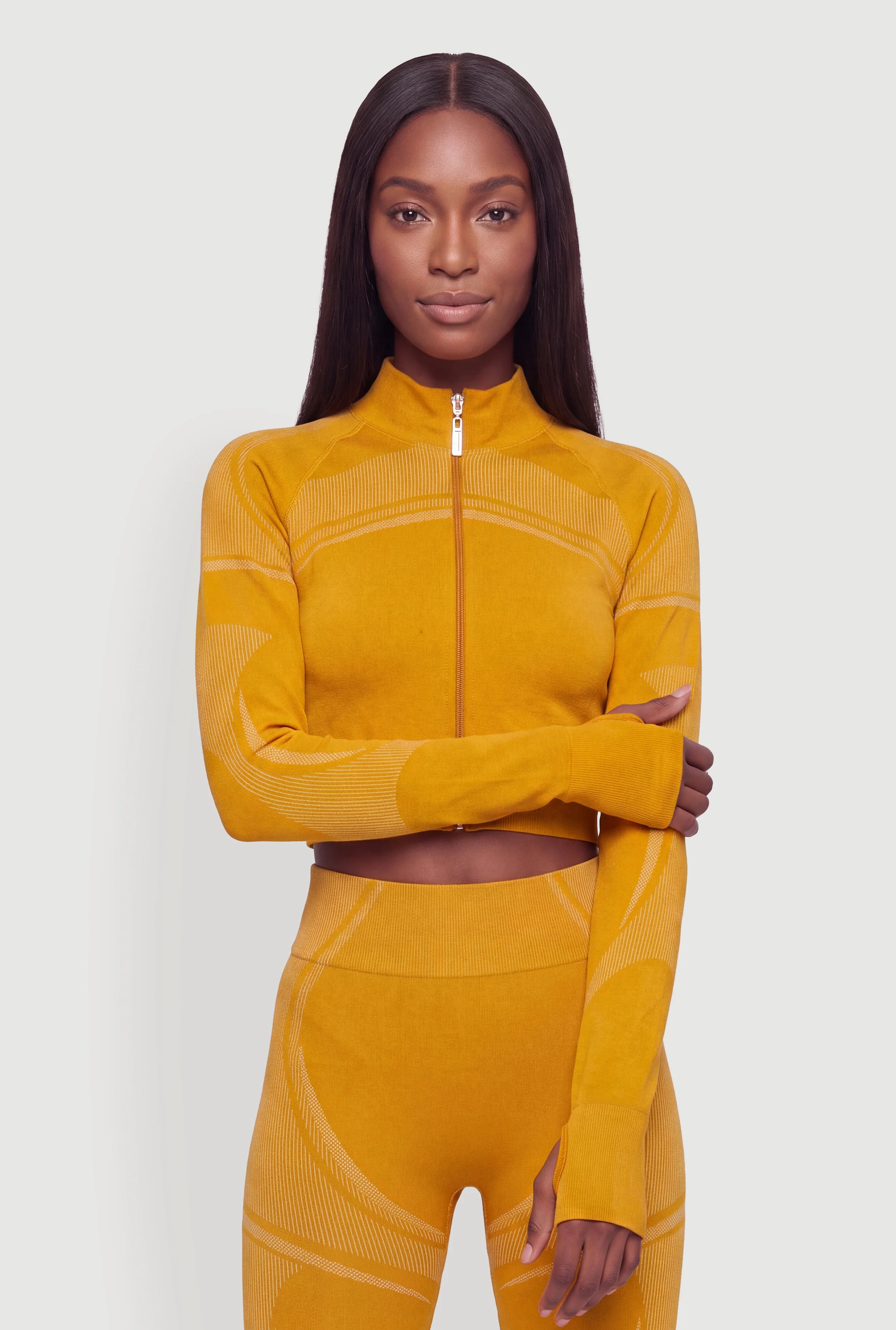 Patterned Zip Front Mock Neck Track Jacket with Thumb Holes