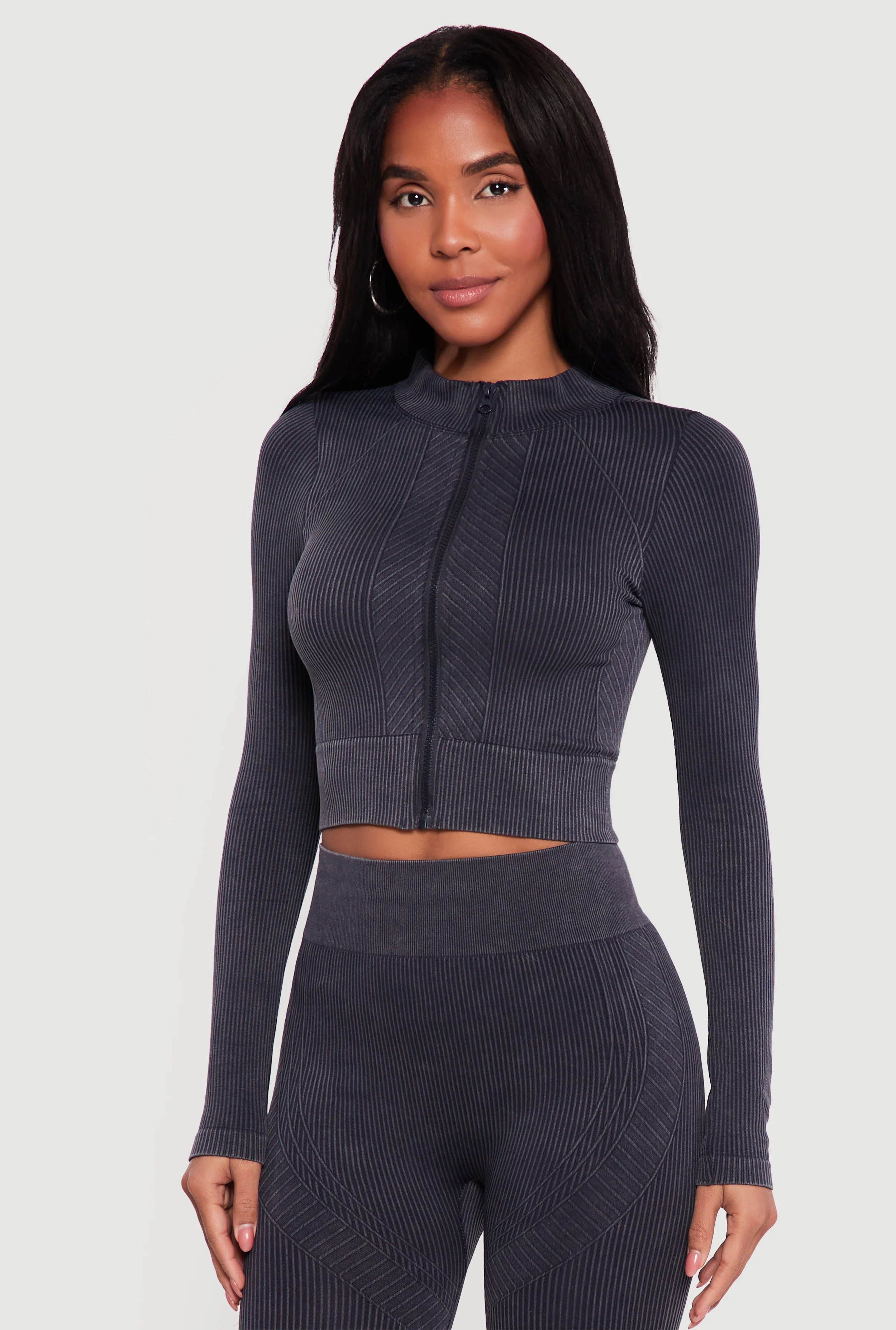 Mineral Wash Ribbed Cropped Zip Front Active Jacket