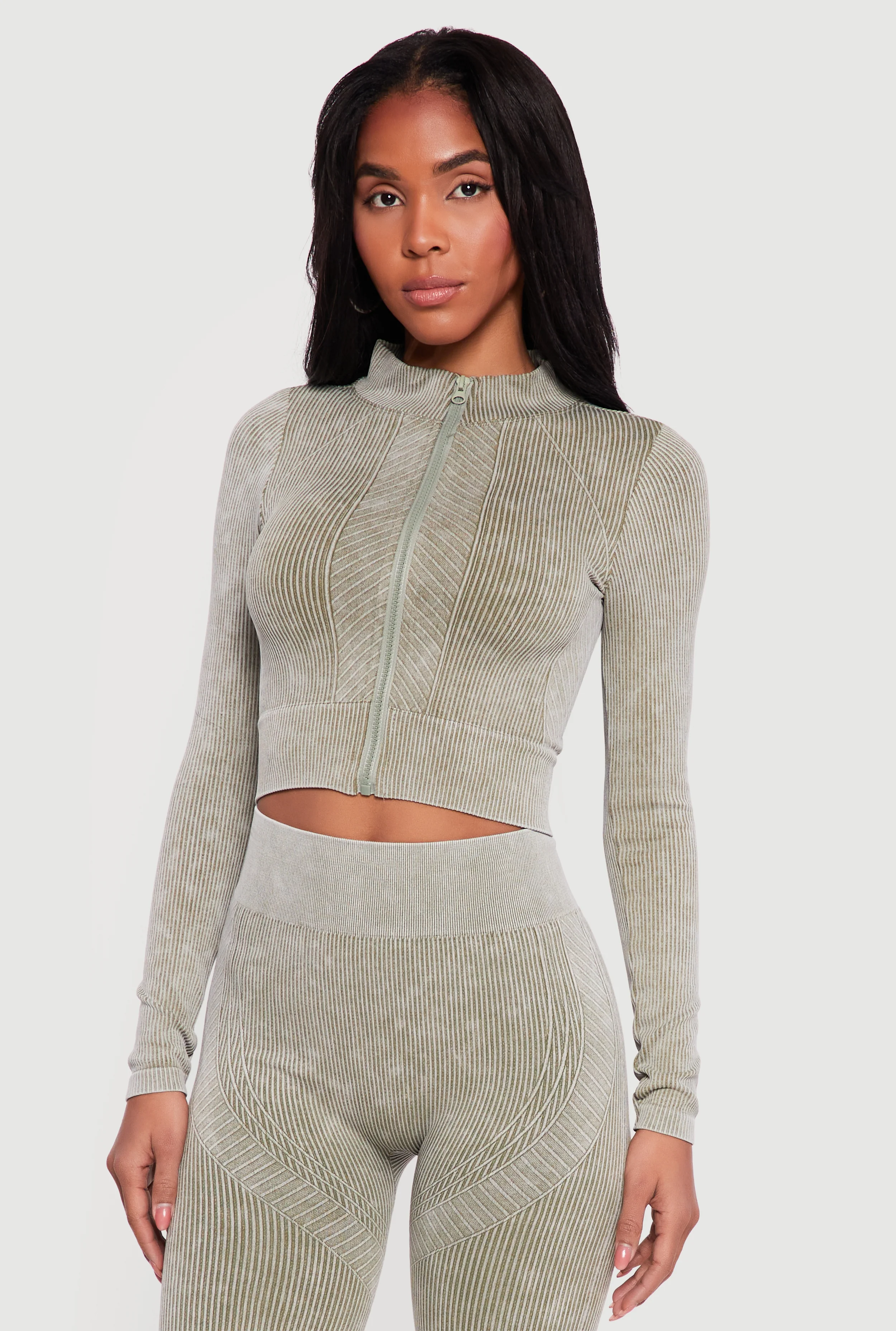 Mineral Wash Ribbed Cropped Zip Front Active Jacket