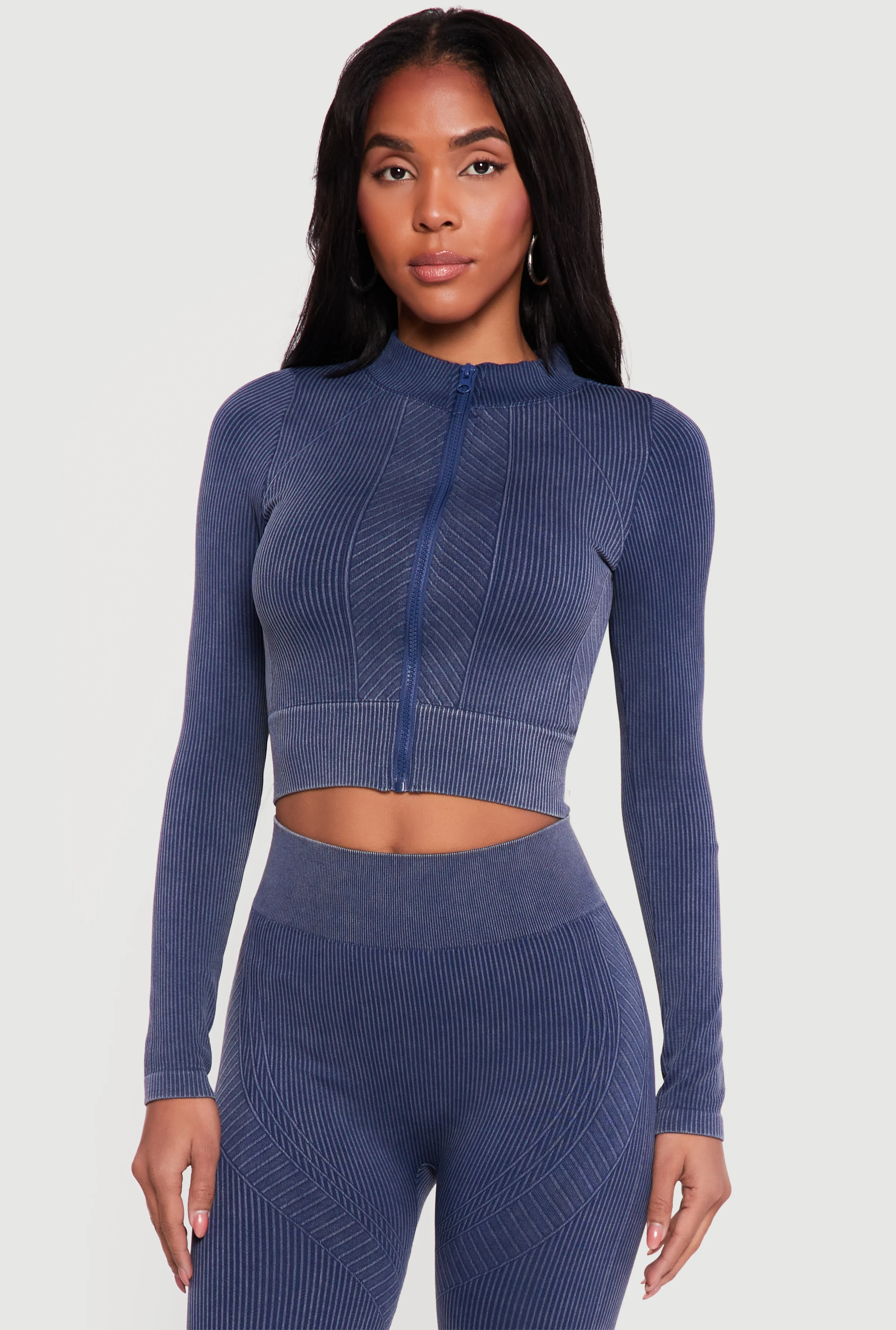 Mineral Wash Ribbed Cropped Zip Front Active Jacket