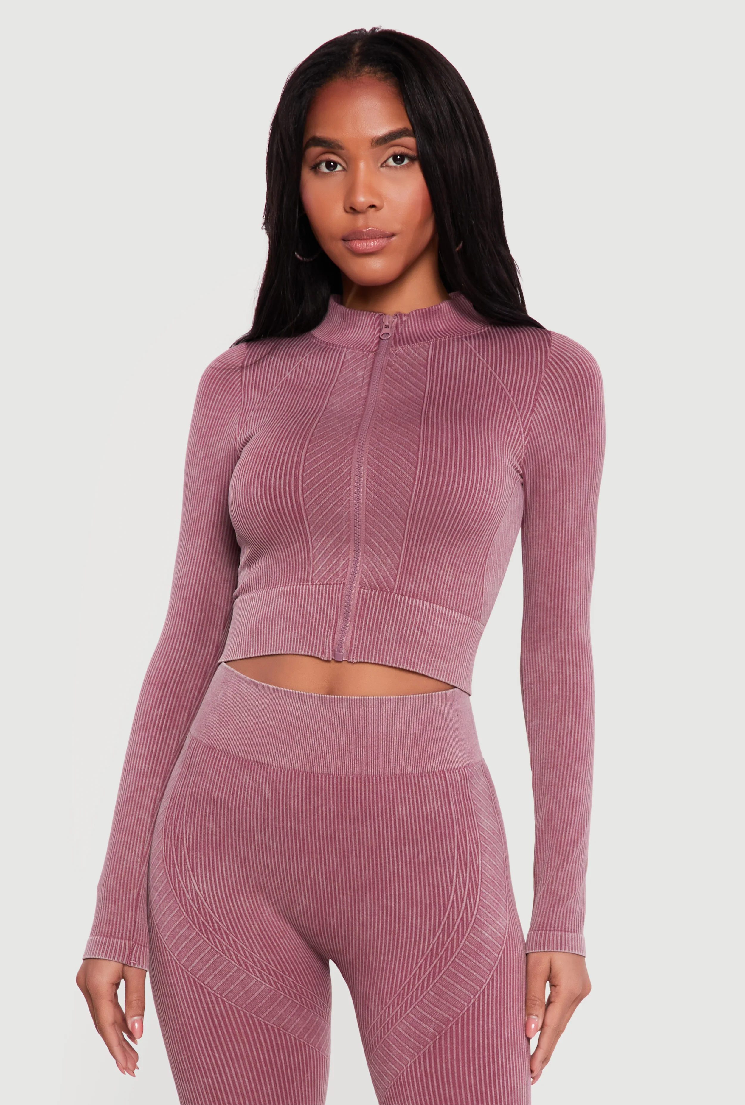 Mineral Wash Ribbed Cropped Zip Front Active Jacket