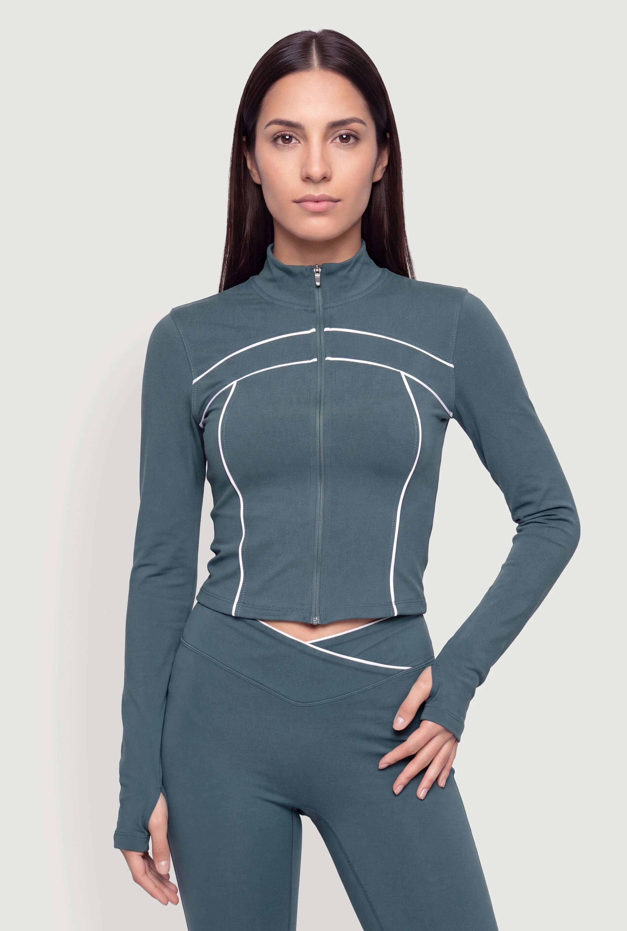 Contrast Piping Active Jacket with Thumb Holes