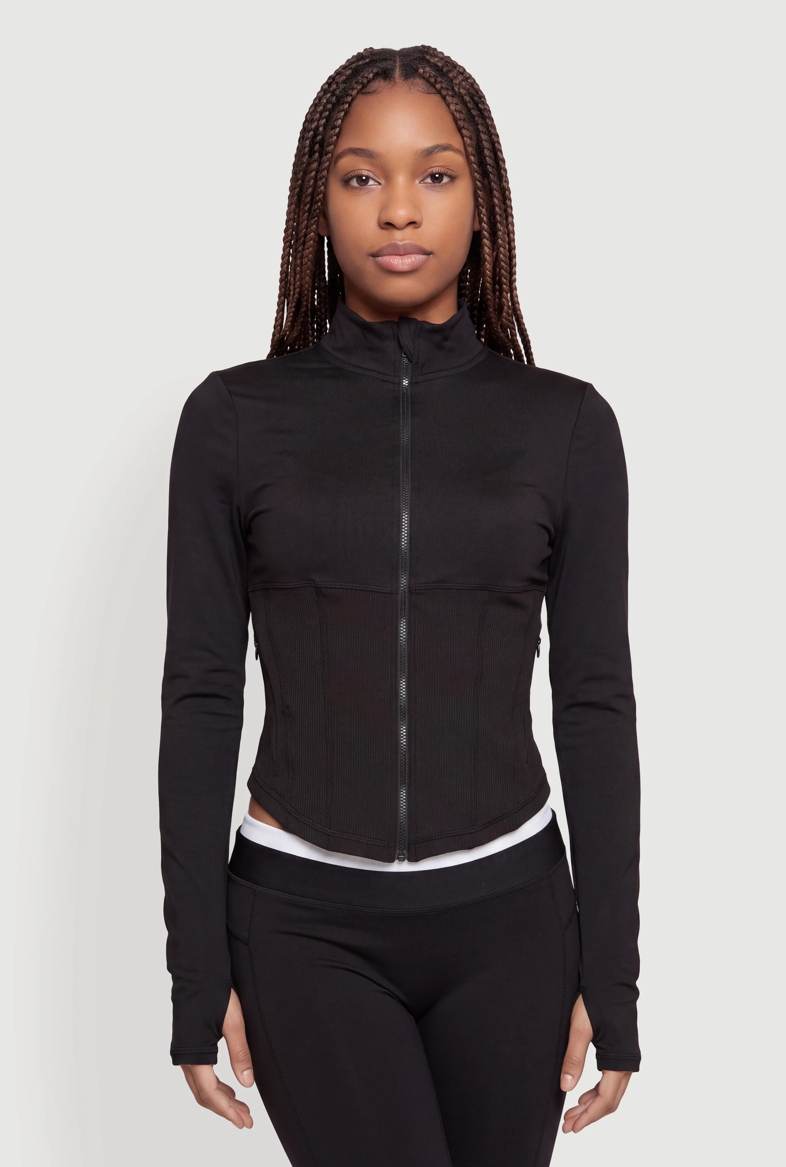 Decorative Stitch Side Zip Active Top with Thumb Holes