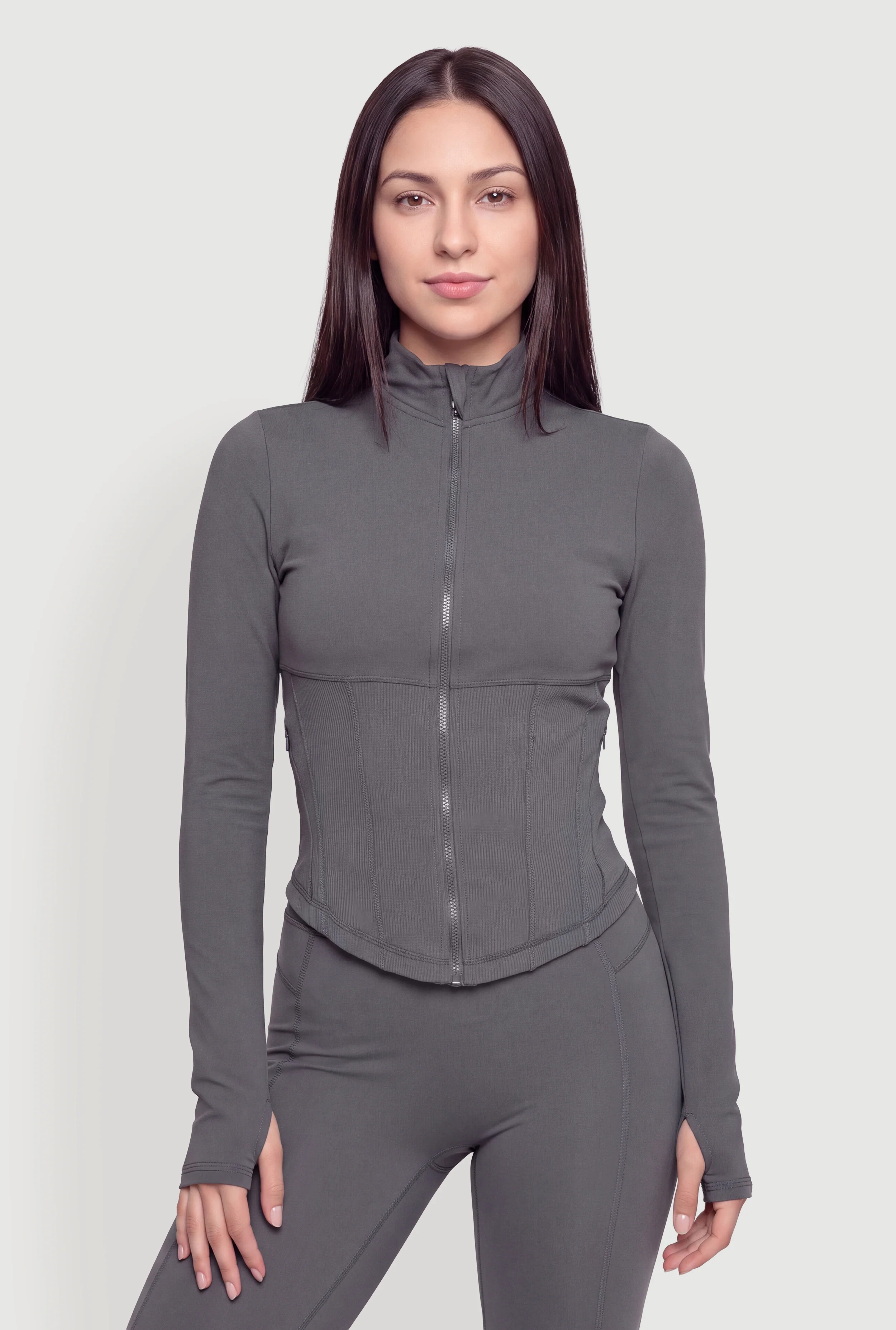 Decorative Stitch Side Zip Active Top with Thumb Holes
