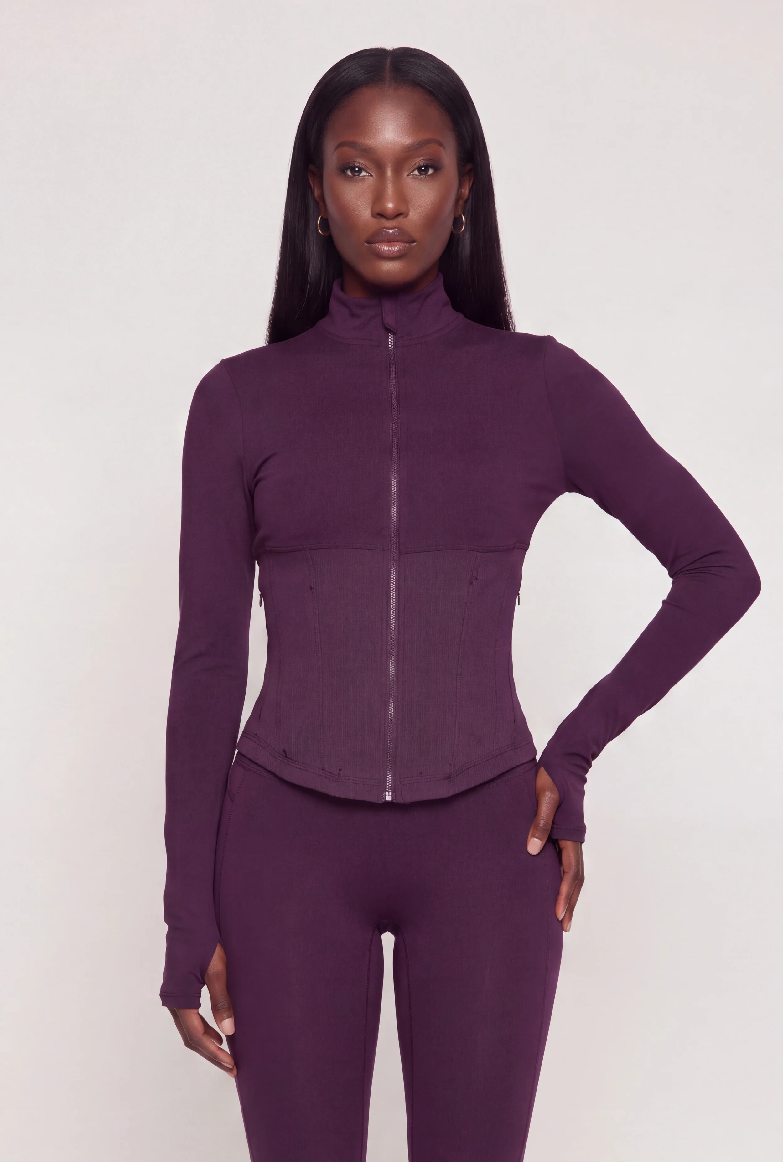 Decorative Stitch Side Zip Active Top with Thumb Holes