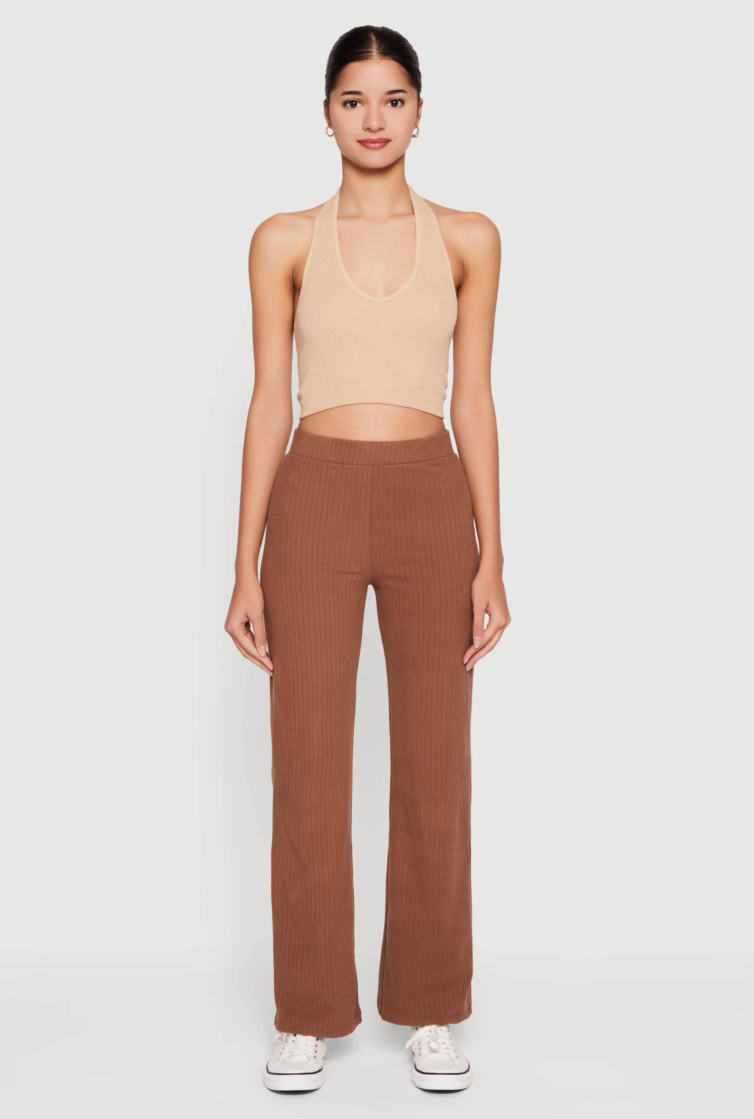 Brushed Ribbed Knit Straight Leg Pants
