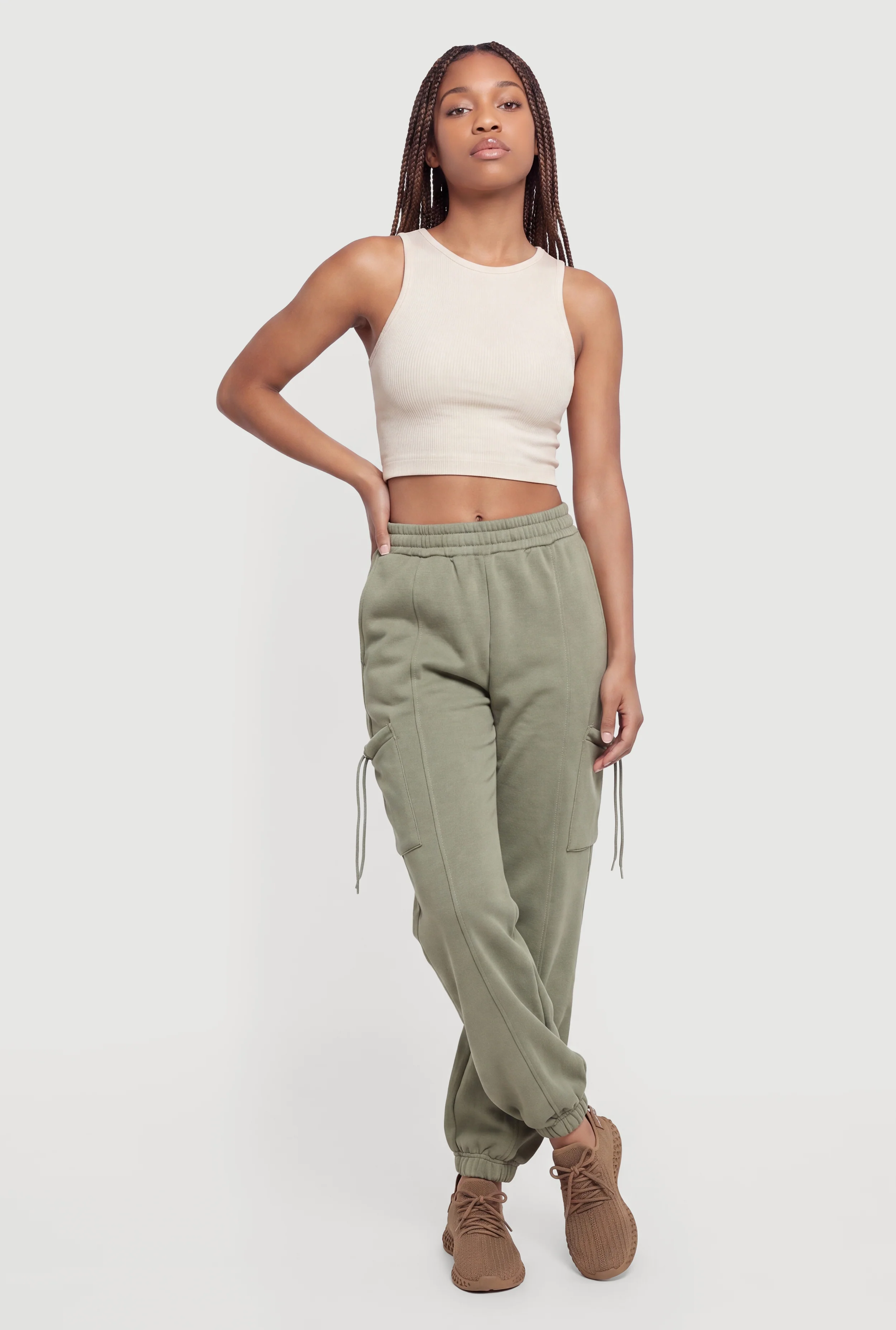Mid Rise Smocked Waist Drawstring Cargo Pocket Joggers